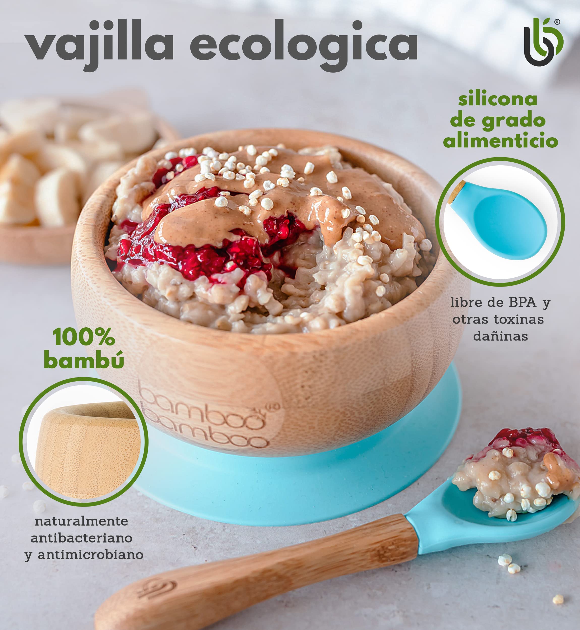 Set de Bowl adherente y cuchara para bebé en combinación, Bowl que no se despega de la mesa al comer, Bambú natural (Azul)