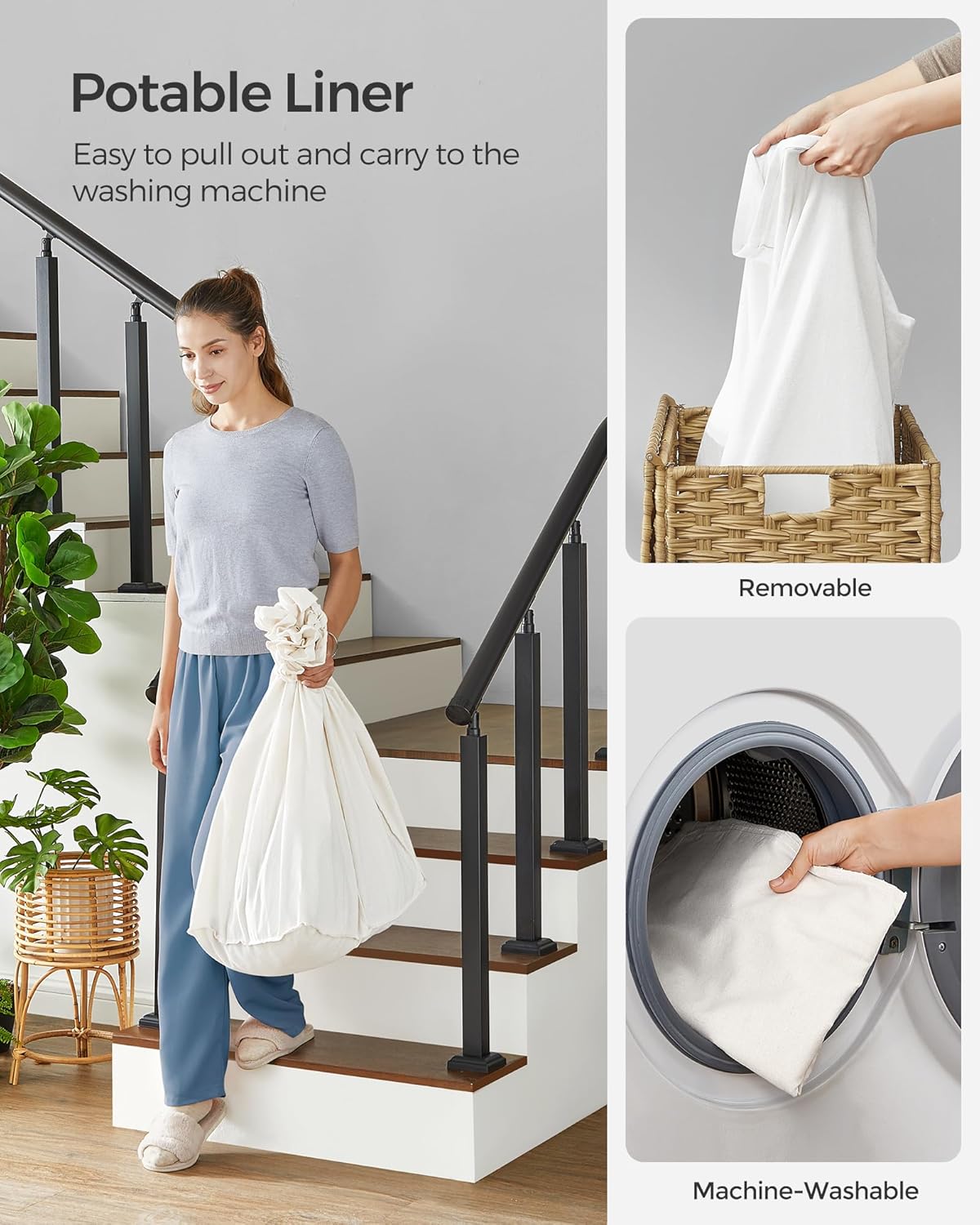 Natural Woven 3-Section Laundry Hamper with Wheels and Lid