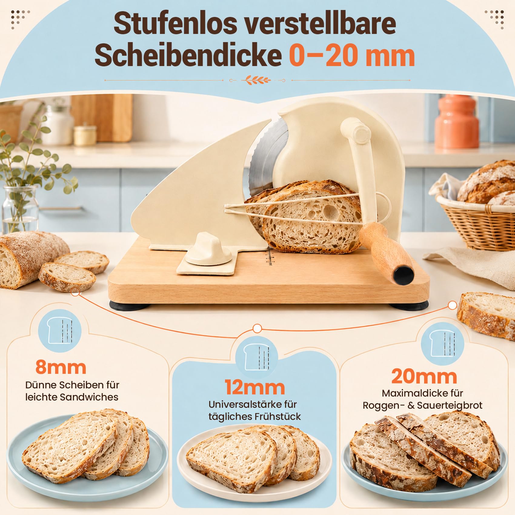 Brotschneidemaschine Manuelle mit Handkurbel | einstellbarer Scheibendicke 0–20mm | Edelstahlklinge mit Wellenschliff | rutschfeste Saugnäpfe | Für Sauerteig, Roggen, Toast & Baguette
