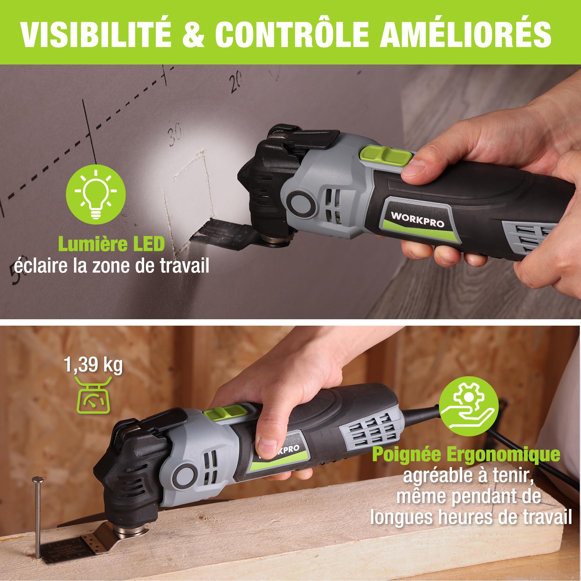 WORKPRO Outil Multifonction Oscillant 400 W, 6 Vitesses Réglables, 23 Accessoires, Angle d'Oscillation 3,5°, pour Sciage, Grattage, Sablage, Façonnage, Polissage, Coupe