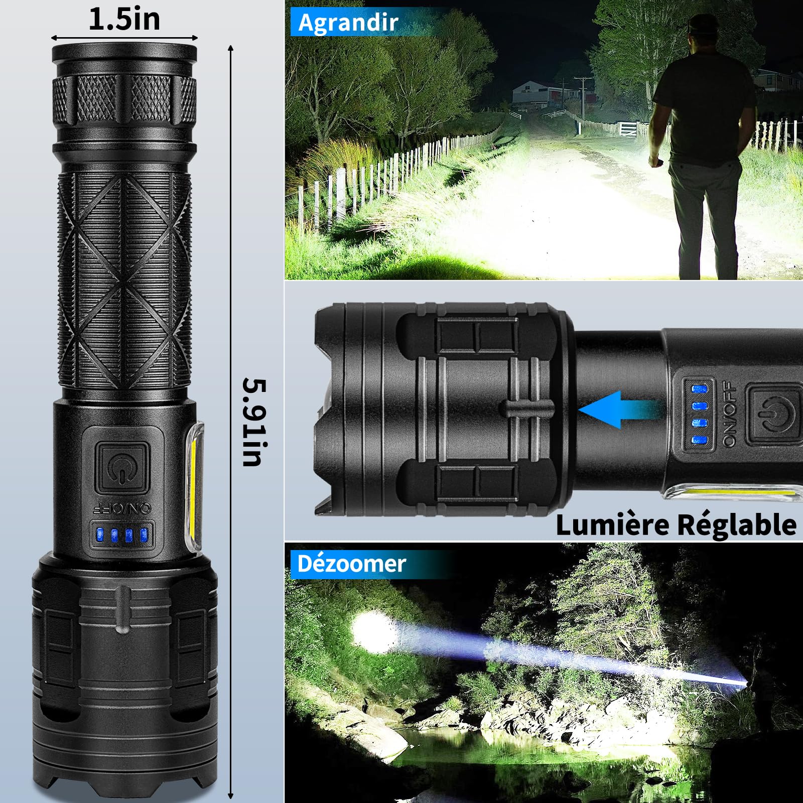 Lylting Lampe de poche LED rechargeable, 100 000 lumens extrêmement lumineuse, rechargeable par USB, 7 modes, zoomable, étanche IPX6, lampe de poche tactique portable pour camping, randonnée