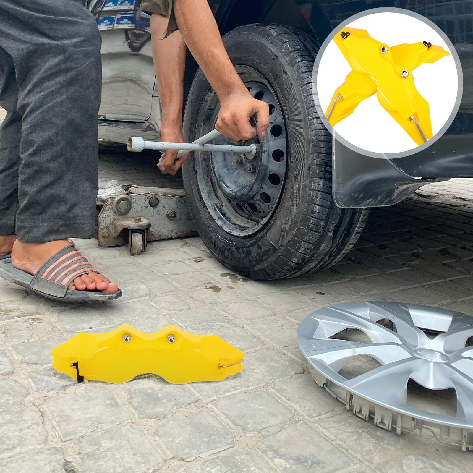 SHINEOFI Cubre Pinzas de Freno Estilo 3D Amarillo para Coches Protección Completa y Fácil Instalación, Kit de 2 Sets para Pinzas de Freno Delanteras y Traseras
