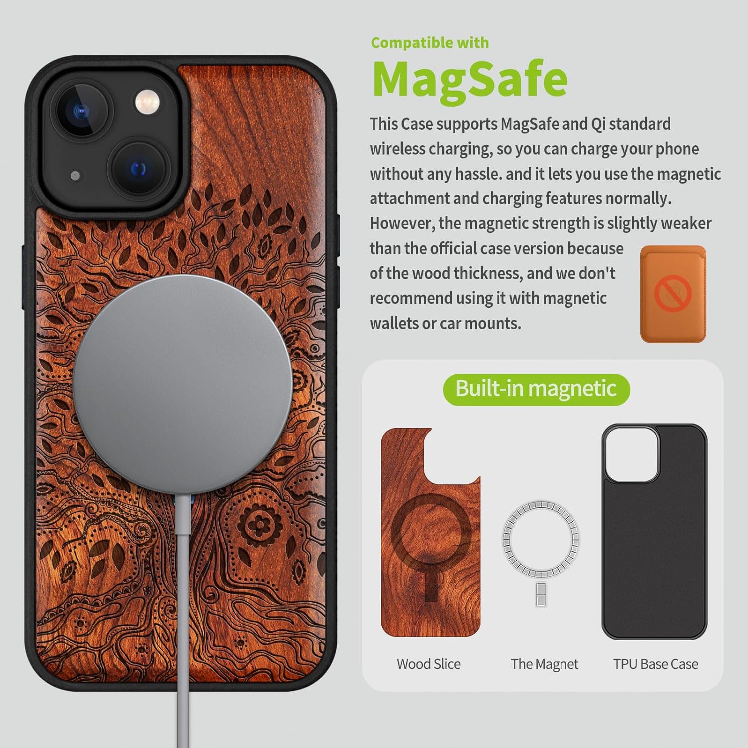 Carveit Wooden Case for iPhone 15 Magnetic Case, Compatible with MagSafe Wireless Chargers, Shockproof Cover, Handmade Shell Inlaid & Wood Artisan Engraved (Tree of Life) Rosy