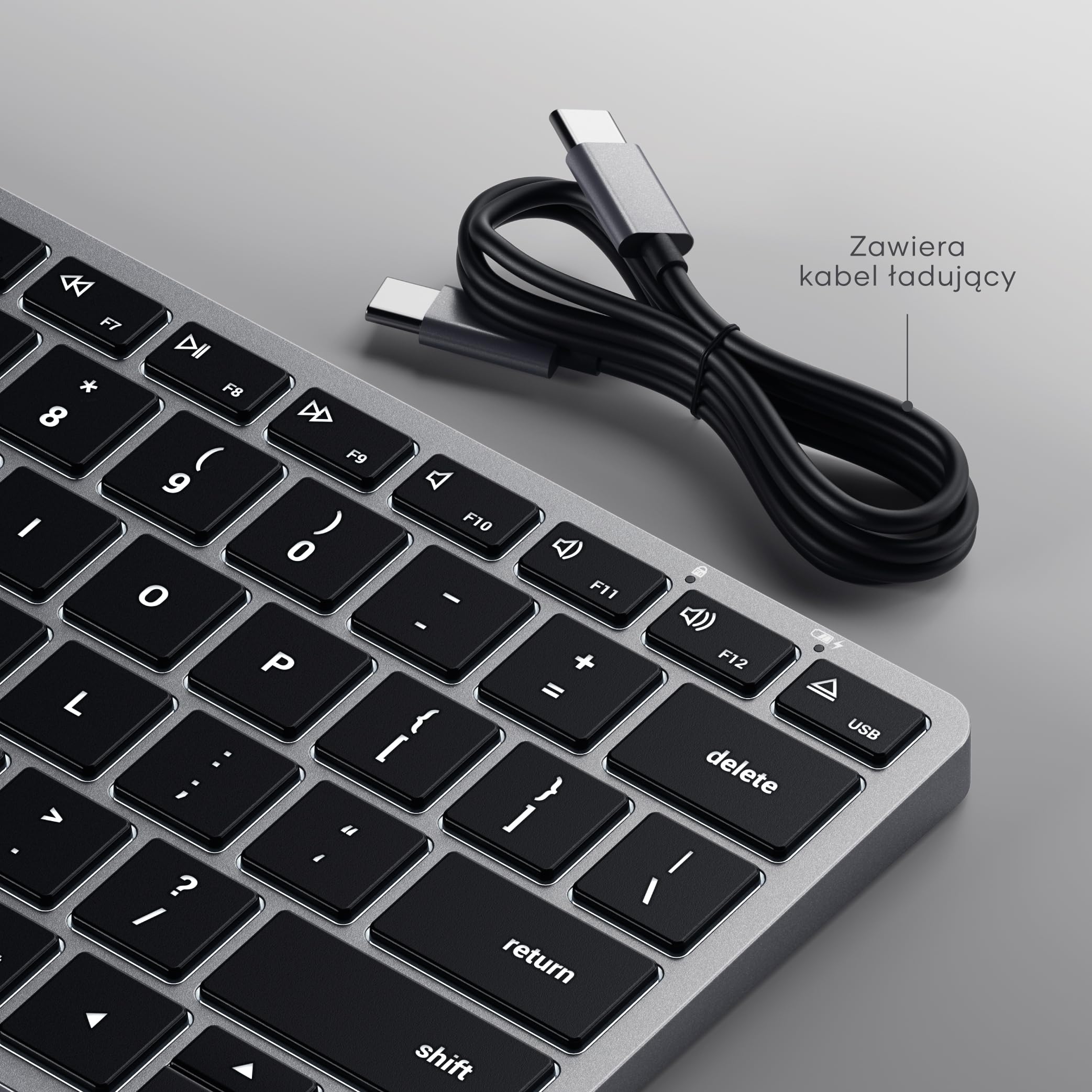 SATECHI Slim X1 Klawiatura Bezprzewodowa Bluetooth, Układ 𝗨𝗦 𝗤𝗪𝗘𝗥𝗧𝗬, Podświetlana Konstrukcja do Wielu Urządzeń – do MacBook Air i Pro M5 M4, Mac Mini, iPad Air i Pro, iMac i innych – Szara