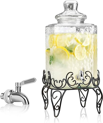 Elegant Hammered Glass Beverage Dispenser with Scroll Iron Stand - 2.25 Gallon - Stainless Steel Leak Free Spigot Included - Home Bar & Party Vintage Drink Dispenser (Black)