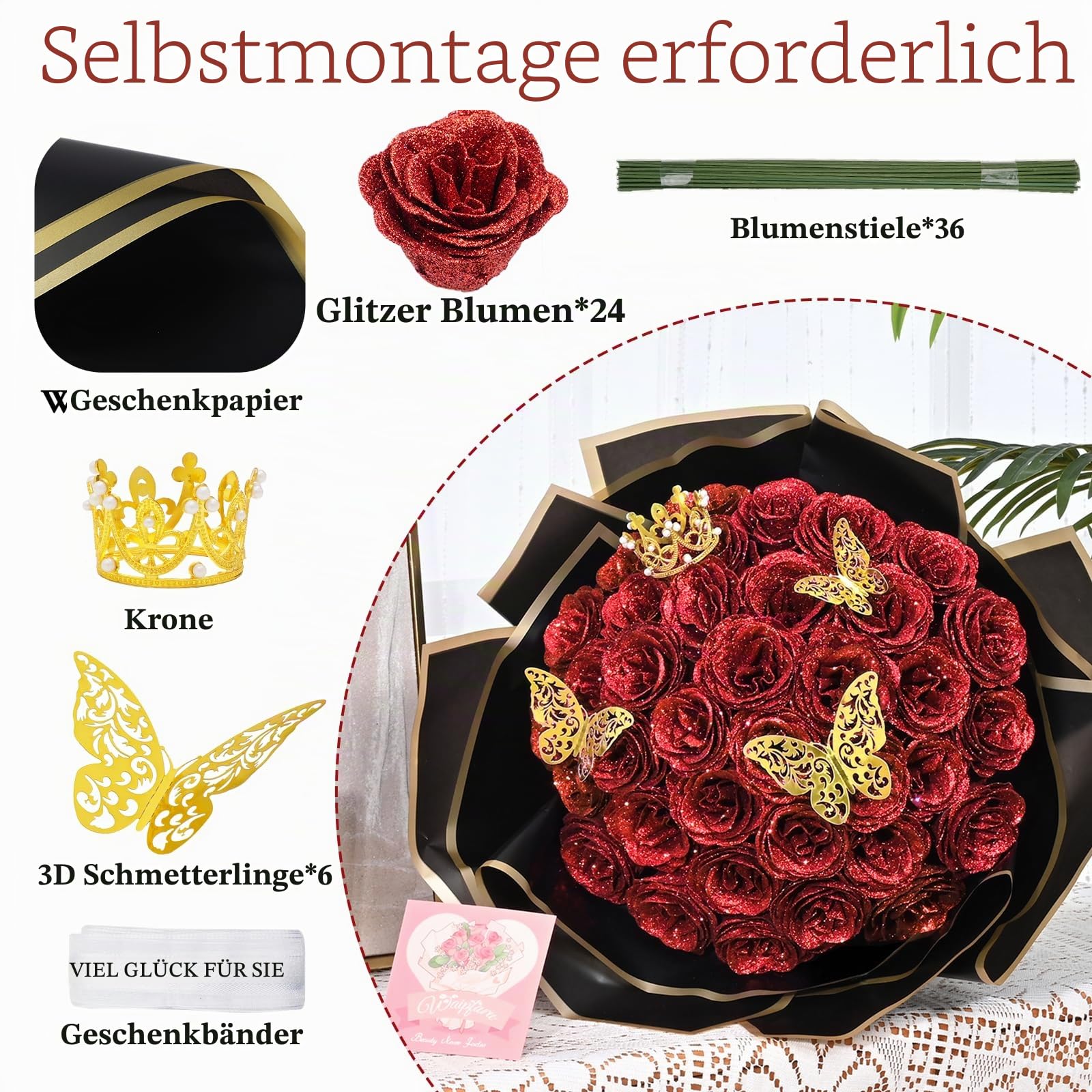 Waipfaru Glitzerrosenstrauß, DIY-Kunstblumenstrauß, Geschenk für Frauen & Mutter, zum Valentinstag, Muttertag, Jahrestag & Abschlussfeier, rote Rosen, 36 Stück