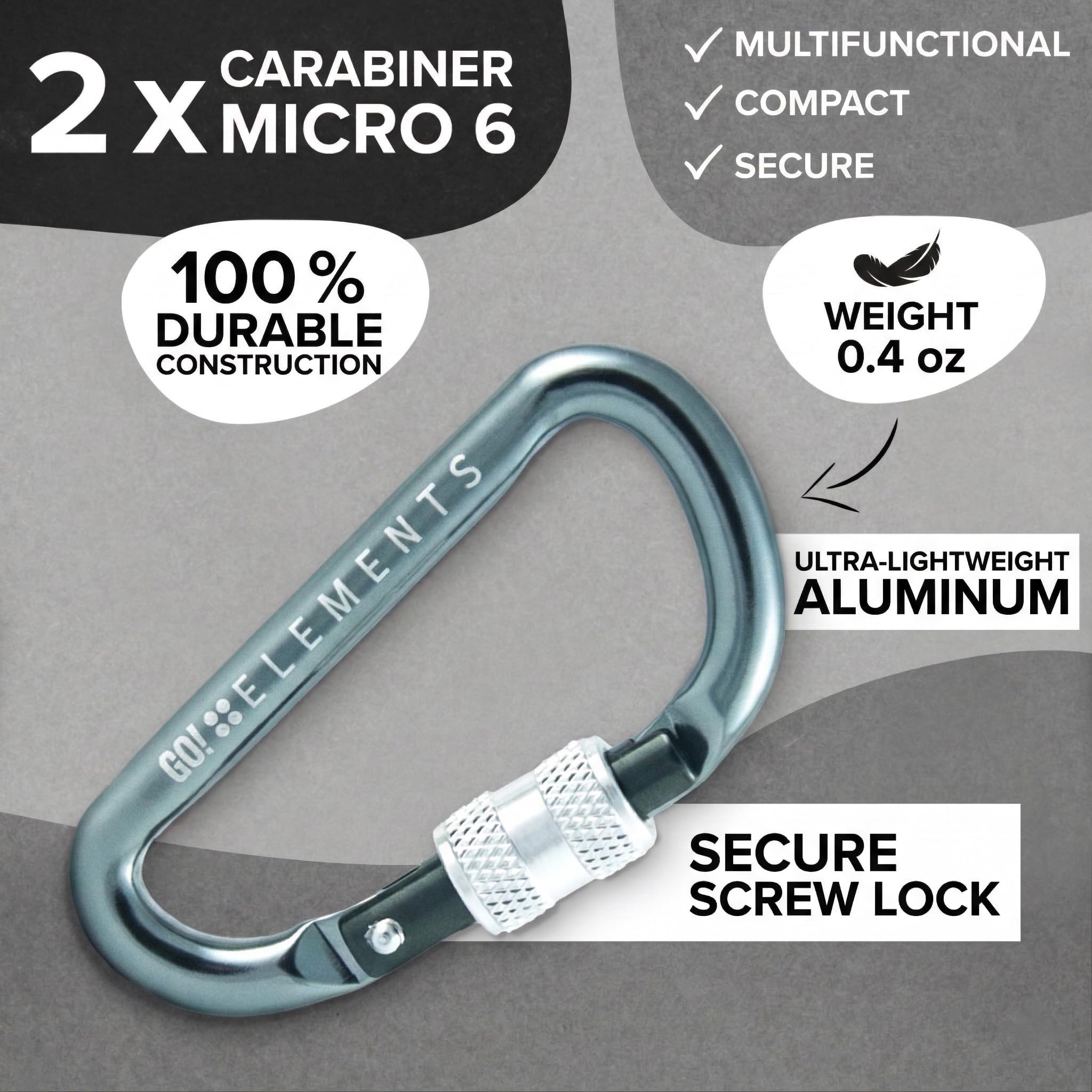 GO!elements Mini Mosquetón Micro 6 con tapón de Rosca, envase de 2 o 6 Unidades !