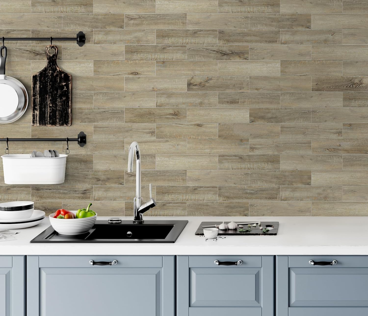 W&S 24 PCS Caesious Grey Peel and Stick Wood Panels for Walls, Stick on Wood Look Tile for RV,Living Room,Accent Wall,Faux Wood Paneling for Kitchen Backsplash,Self Adhesive Wall Planks