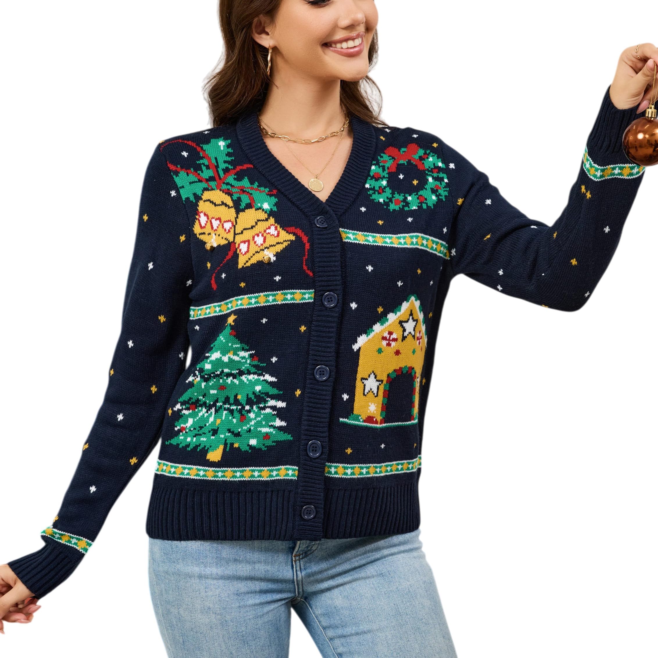 LUBOT Ugly Christmas Sweaters for Women Cute Fuzzy Funny Wintertime Holiday Parties Knitted Casual Cardigan Sweater