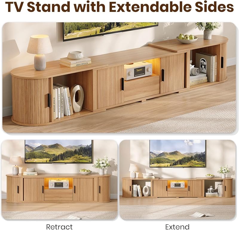 Vabches TV Stand, Extendable Media Console with Sliding Storage Doors, Modern Entertainment Center with Adjustable Shelves, Wooden TV Cabinet for 55–70 Inch TVs, Natural image 4