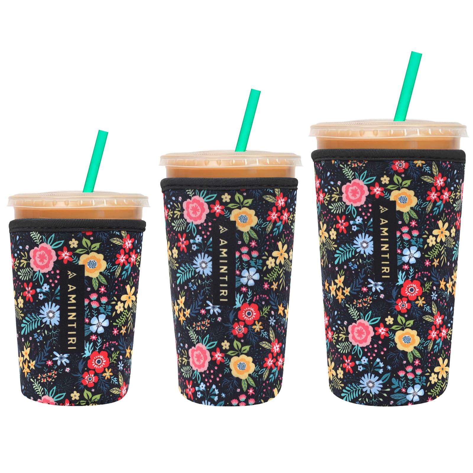 Amintiri Reusable Insulator Neoprene Sleeve for Iced Coffee &amp; Cold Soda (Garden In Black)