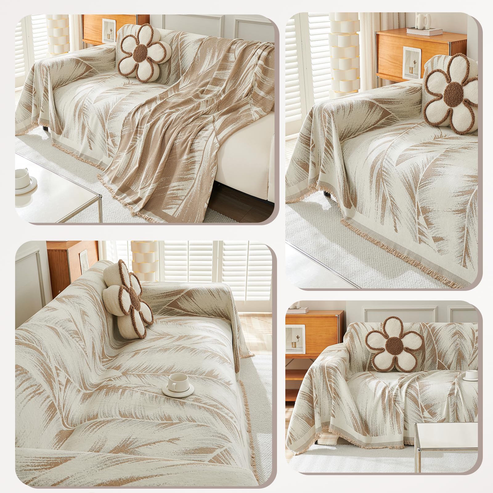 Copridivano 1-4 posti, Telo botanico, Foulard, Coperta reversibile ciniglia, 180x130 cm - Cachi