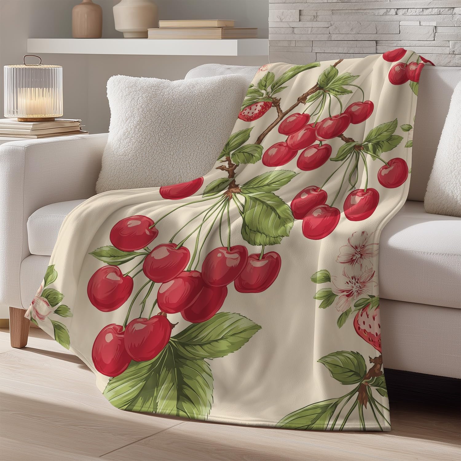 Koc do przytulania 150 cm x 200 cm, ciepły koc na sofę, miękki, przytulny koc polarowy, czerwony, zielony, flanelowy, w stylu vintage, elegancki koc z wiśni, flaneli, do sypialni