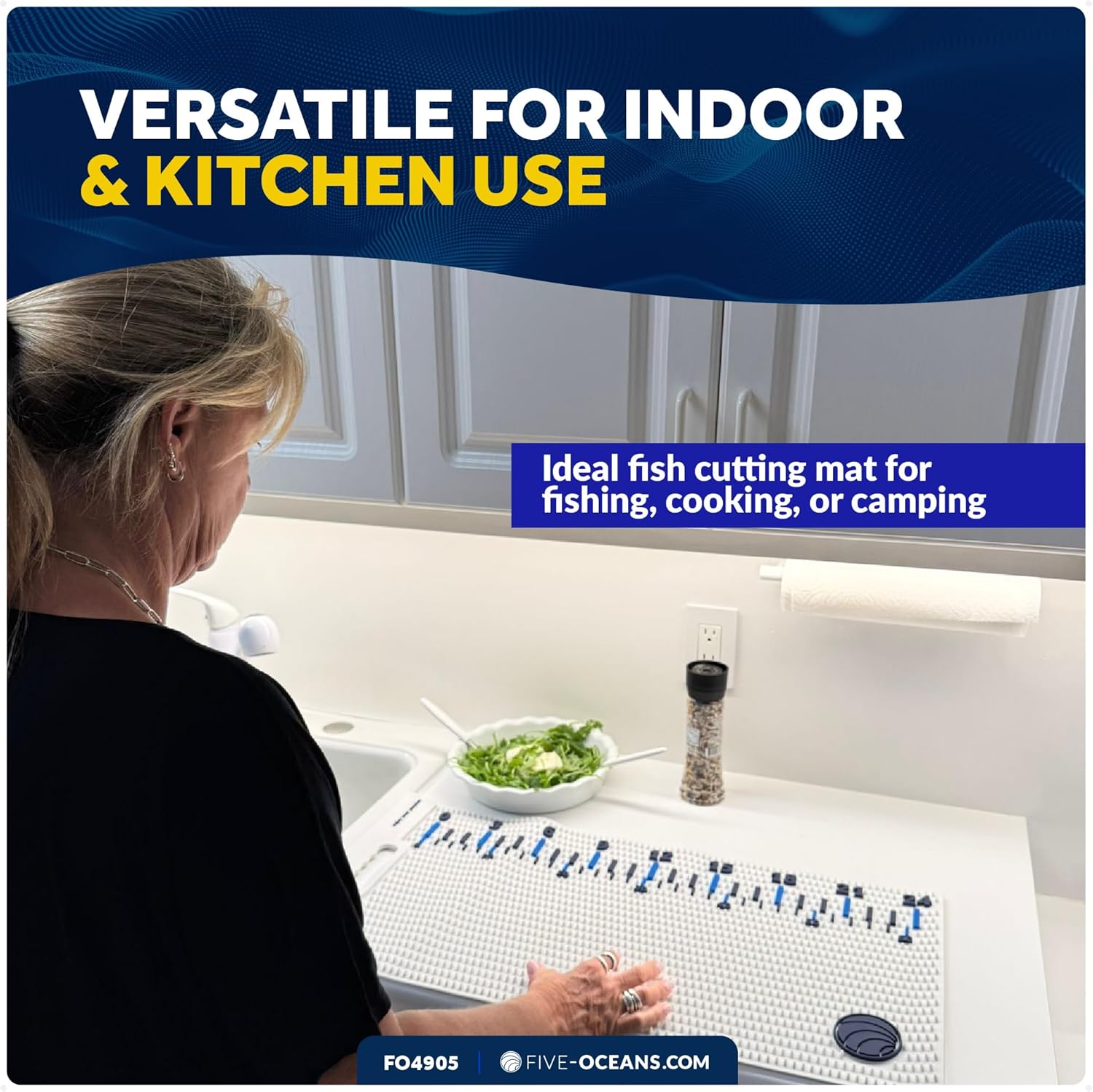 Five Oceans Fish Fillet Mat 28"x14", White Non-Slip Cutting Mat for Fish, Heavy-Duty Roll-Up Dishwasher Safe Board with 24" Ruler, for Kitchen Counters, Patio BBQ & Outdoor Tables - FO4905