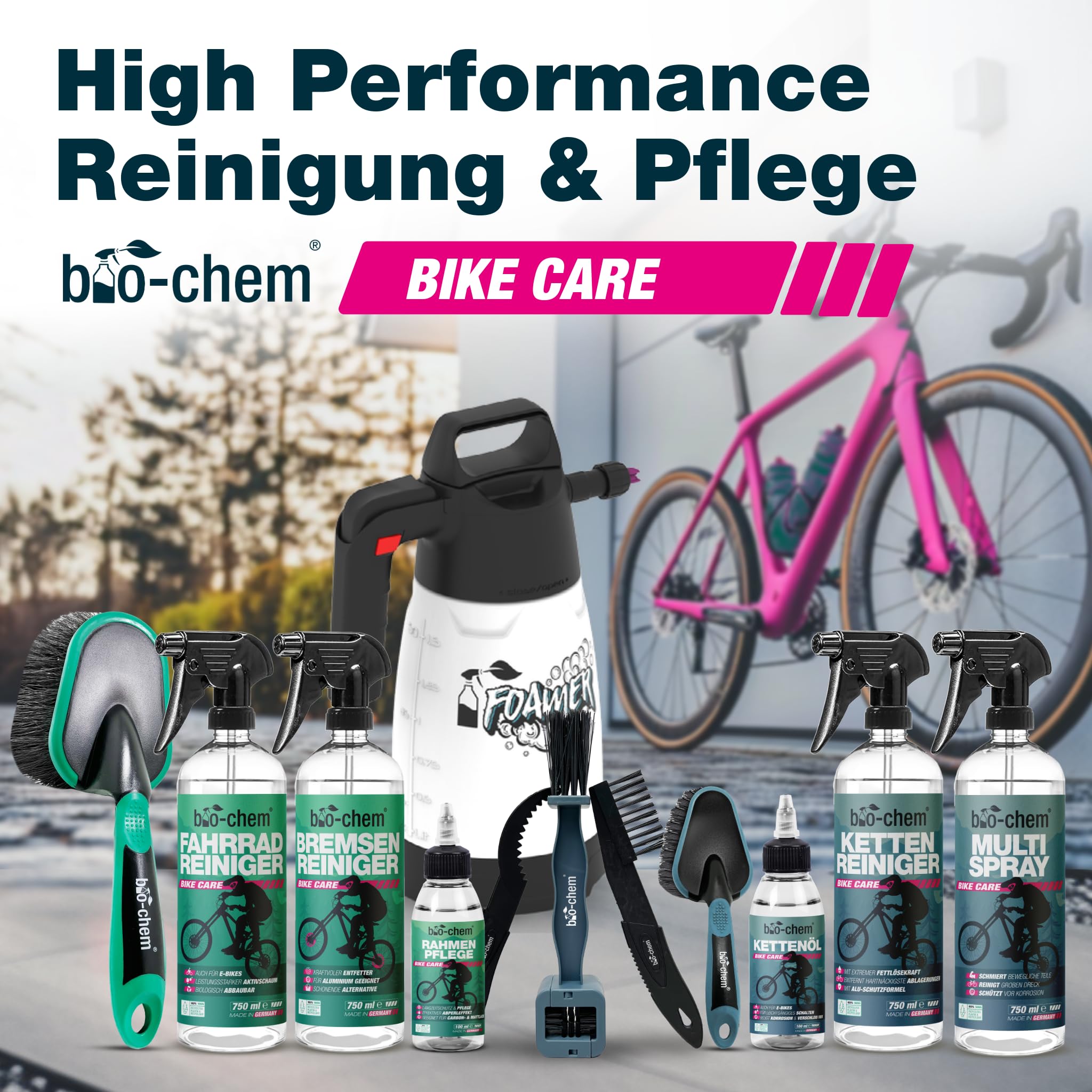 bio-chem Fahrrad Zubehör Set 8-teilig für Reinigung & Pflege | Mit Bürsten, Waschhandschuh & Tüchern für MTB, E-Bike, Rennrad und Citybike | Fahrradreinigung & Pflege