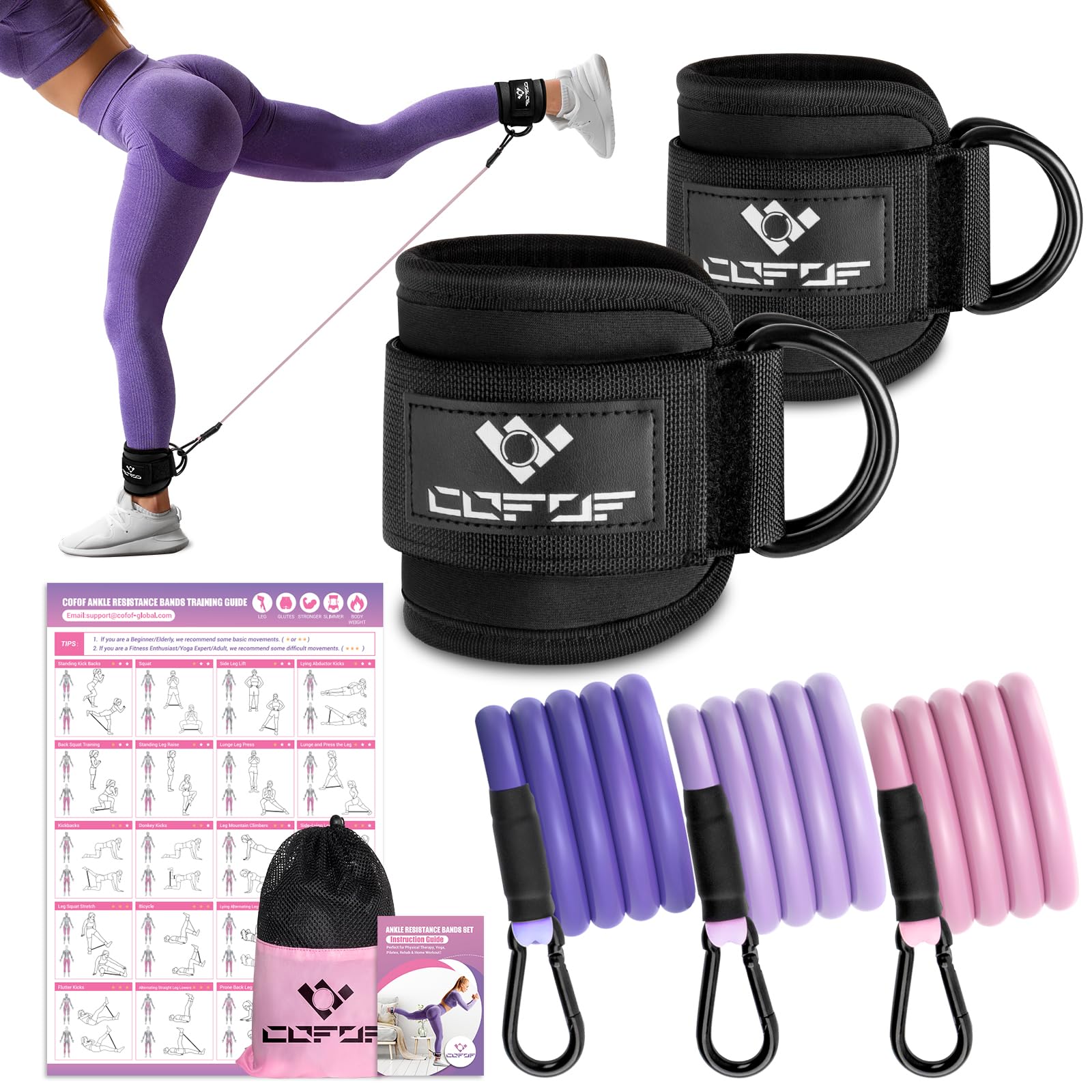 Ankle Resistance Bands with Cuffs, Ankle Bands for Working Out, Kickbacks Hip, Leg Glute Exercise Equipment with Training Poster, Resistance Workout Equipment for Women(Black)