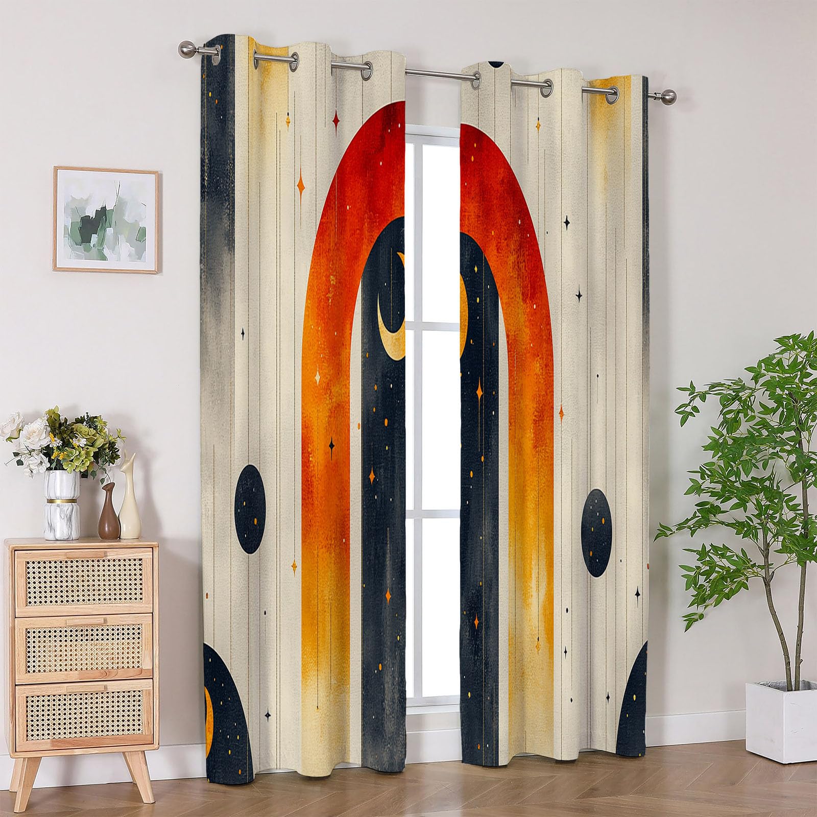 Aquarell Gardinen Blickdicht,Bunt Vorhänge, Boho-Himmelskörper-Mond-Sterne Modern Abstrakte Tierdruck Vorhang, Verdunklungsvorhänge für Schlafzimmer Wohnzimmer,-H240 x B140 cm (2er Pack)