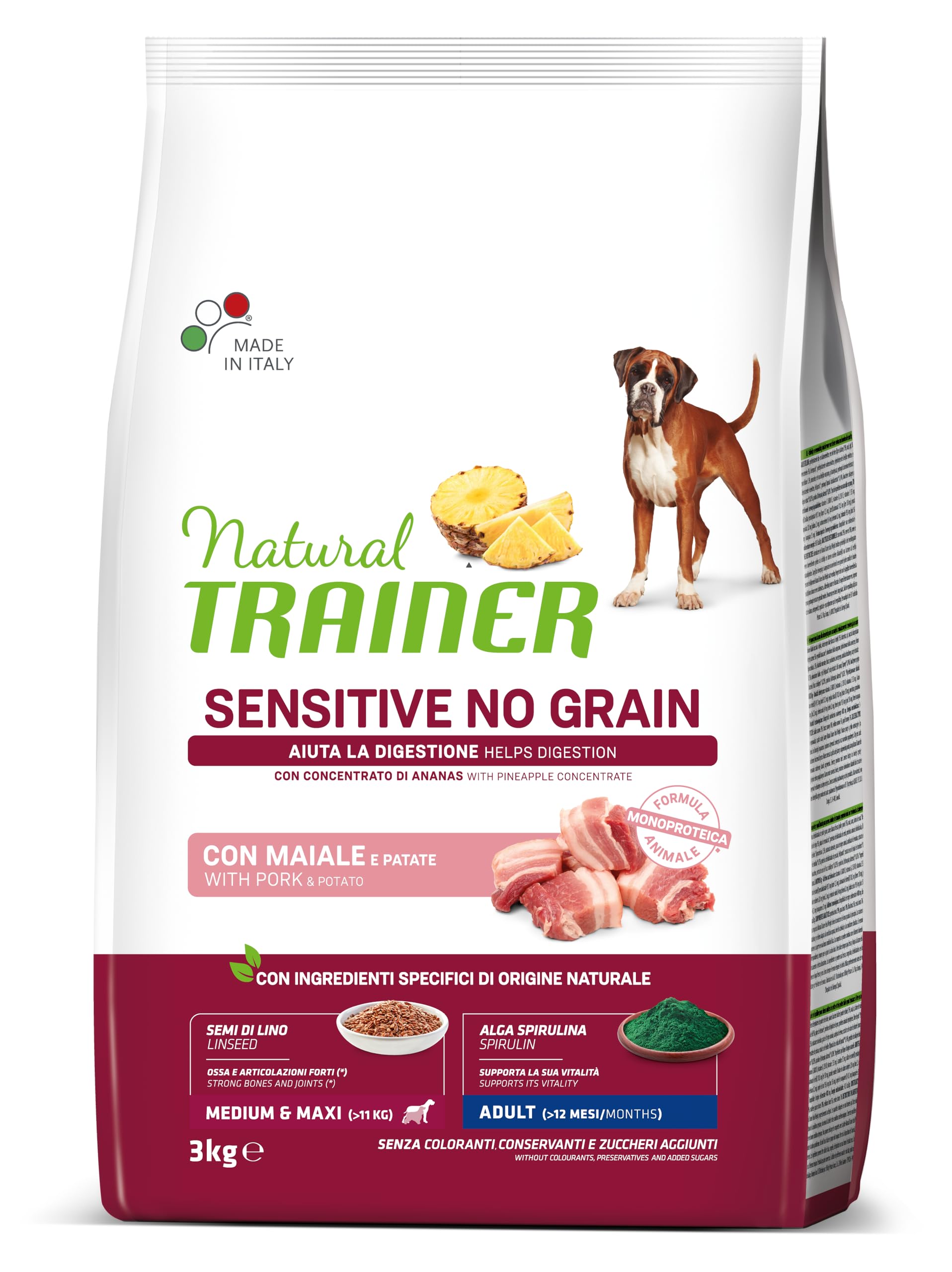 Natural Trainer Sensitive No Grain Cibo per Cani Adulti Medium&Maxi con Maiale e Patate - 3kg