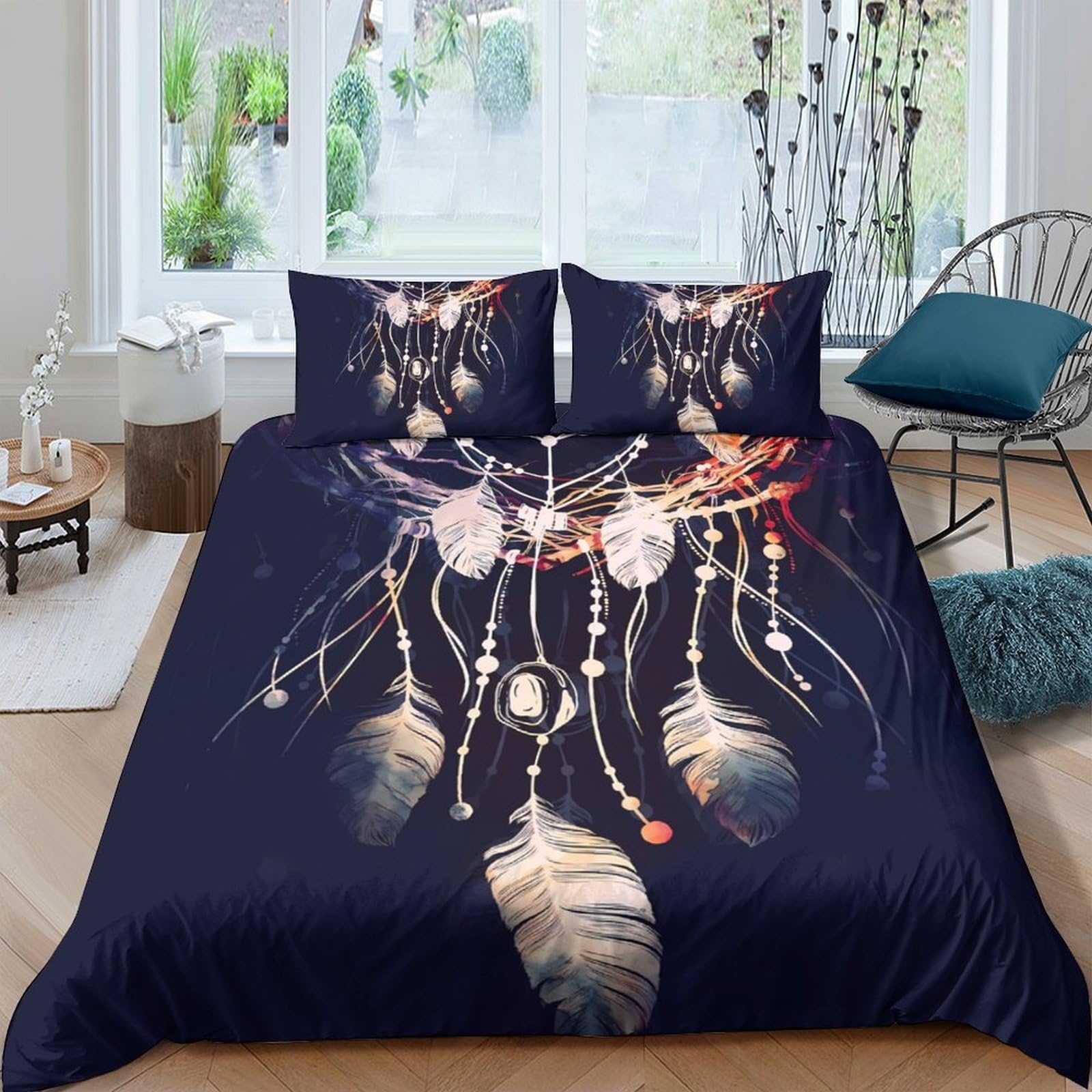 Ctjqhvkz Style-9 3D Printed Dreamcatcher Fitted Sheet Microfiber Soft Navy Feathers Bed Cover For Bedroom Guest Room Decor Single（135X200cm）