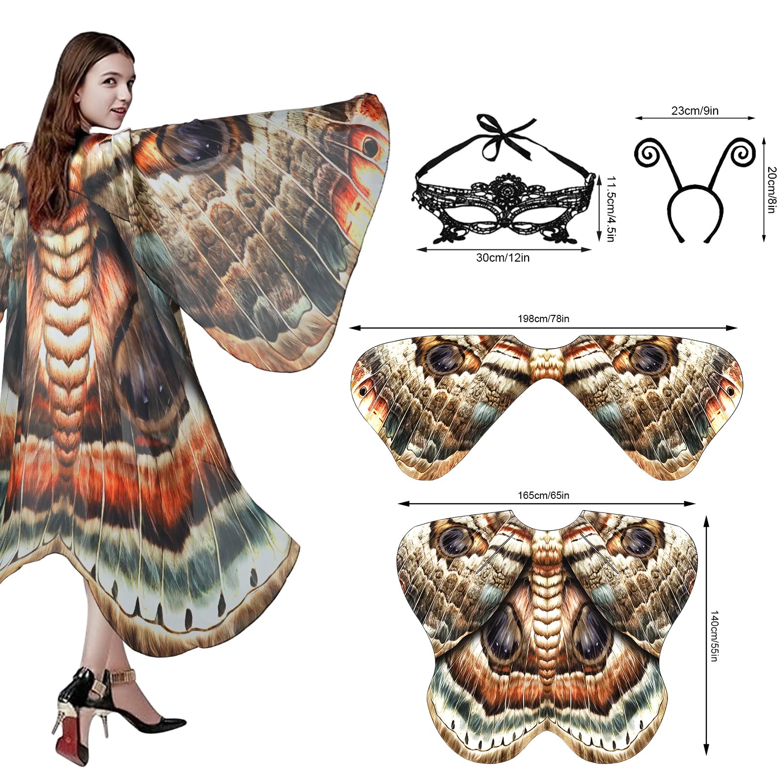 Sunlisky Halloween Costumes for Women Adult Butterfly Costume Wings Cape with Moth Antenna Headband,Mask: Dynamic Double-layer Brown