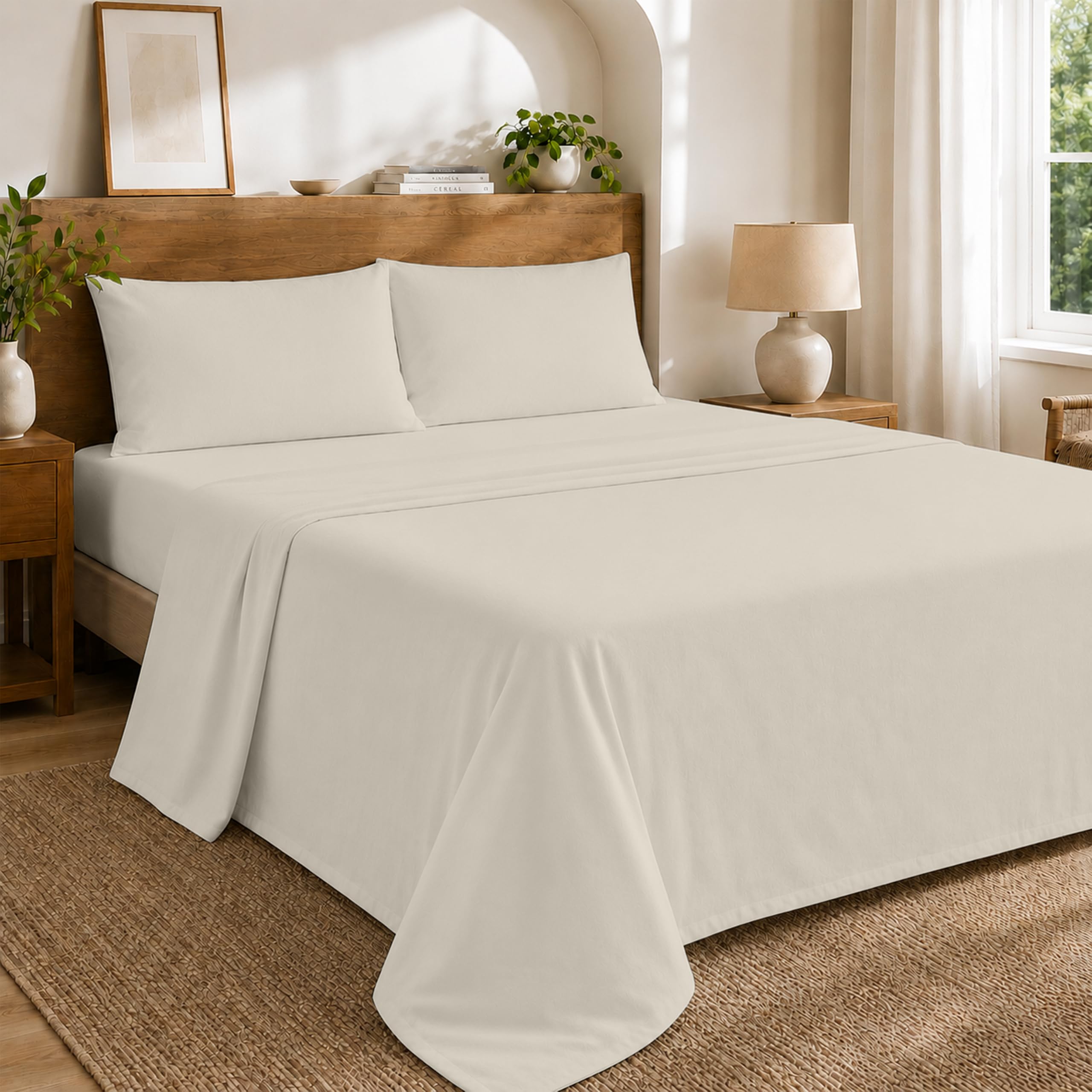 Egypto 100% Brushed Cotton Flat Sheet Single โ Soft & Cozy Flannelette Flat Sheets โ Thermal Flat Bed Sheet with Anti-Allergy Properties (Cream, Single) โ image 1