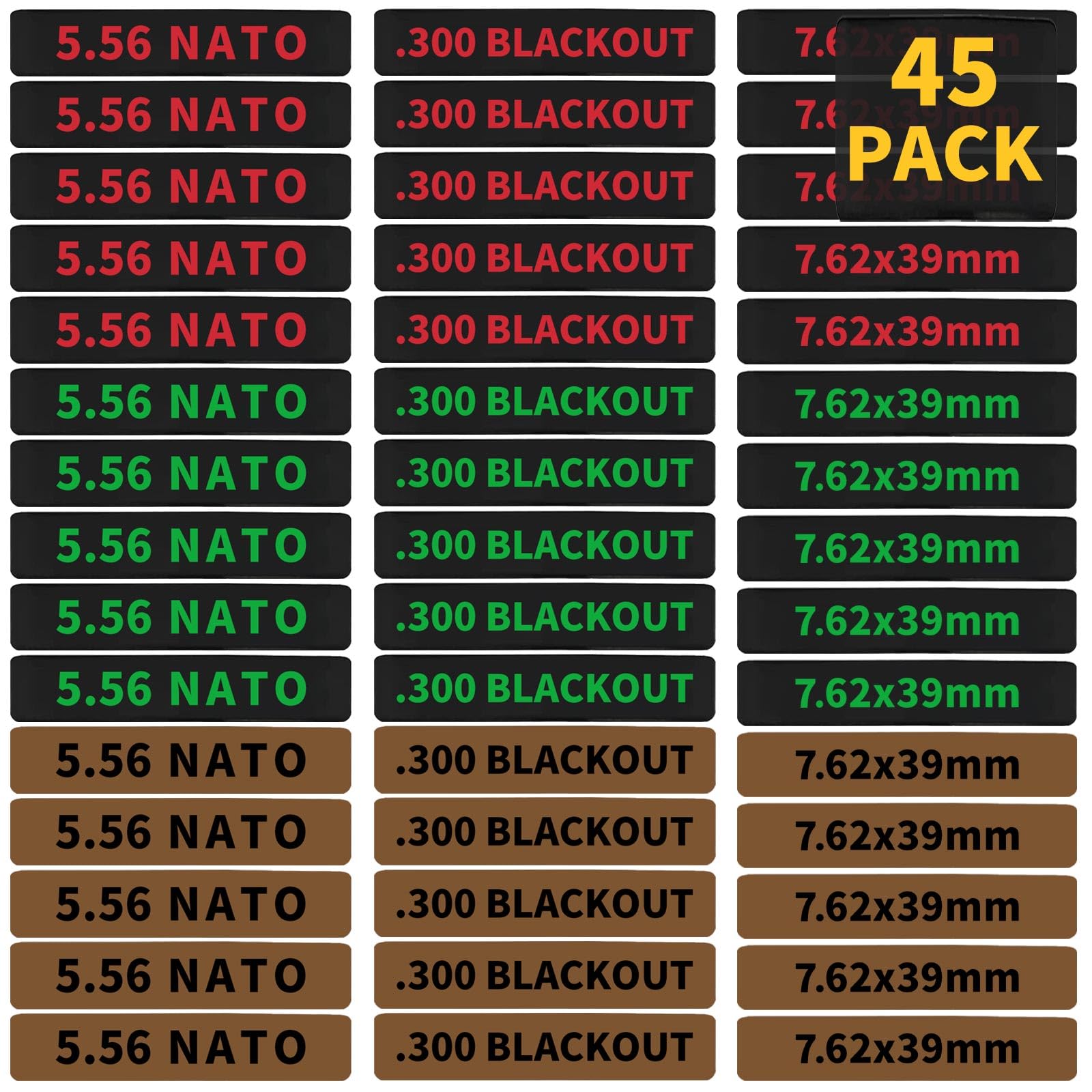 45 Pack Miaozhun Magazine Marking Bands, 5.56 NATO, .300 Blackout, 7.62x39mm Magazine Caliber Identification (Black and Coyote Brown Base)
