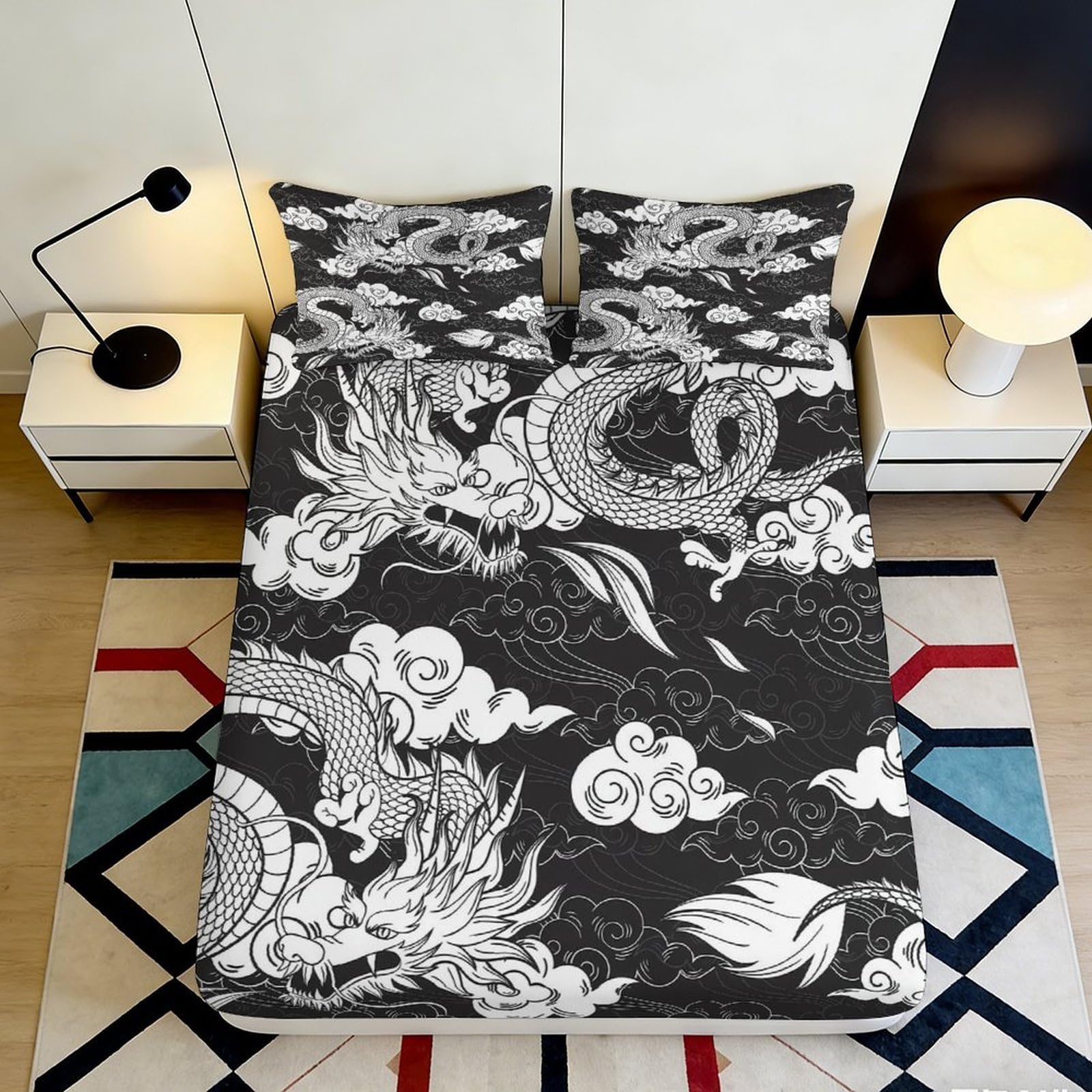 3D Printed Dragon Pattern Fitted Sheet Microfiber Deep Pocket Bedroom Bedding Dragon Theme Mattress Fitted Cover Full Wrap Non-Slip for Adults Teens 200x200x25cm