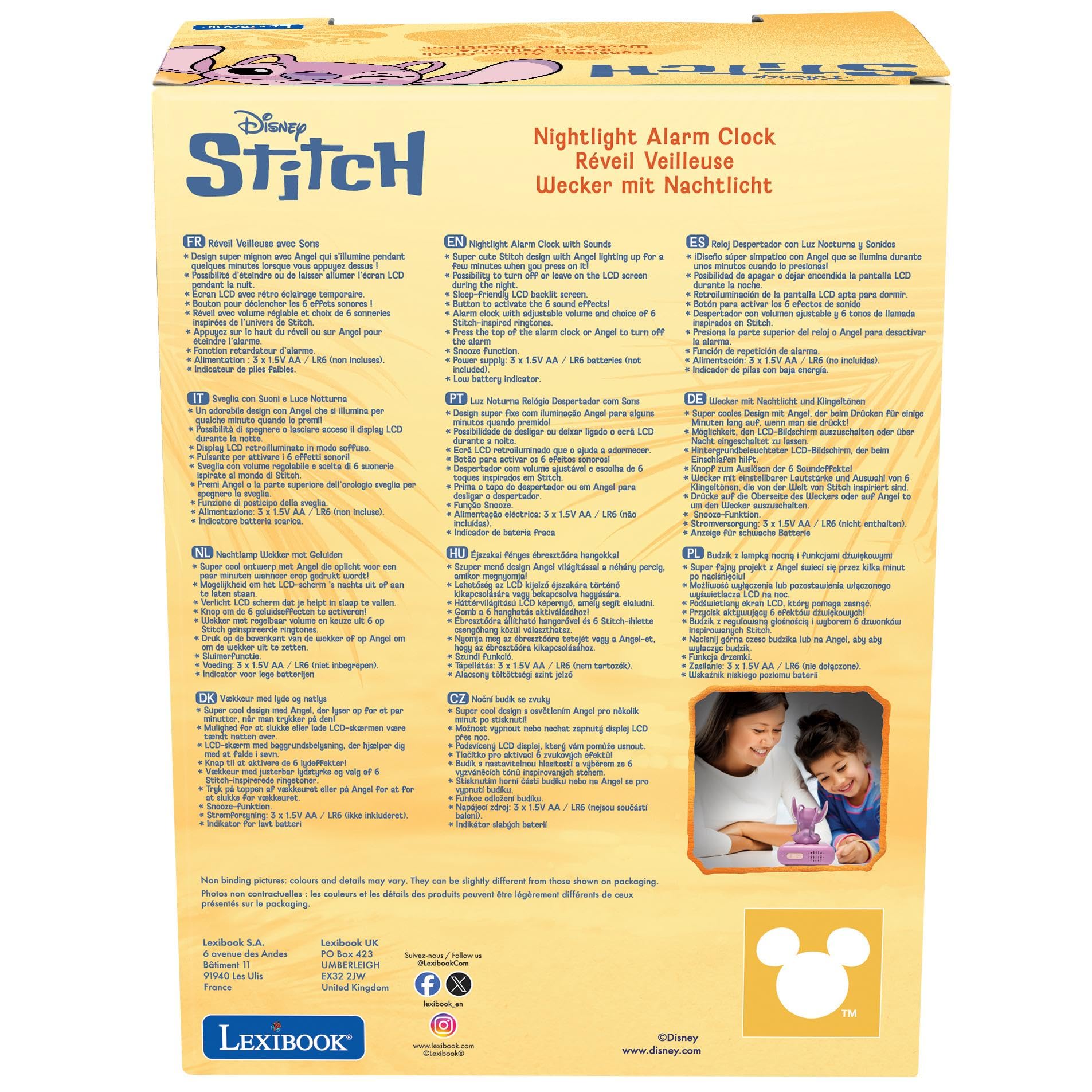 Lexibook, Disney Stitch, Angel Nachtlicht-Wecker, Töne und Melodien, hintergrundbeleuchteter LCD-Bildschirm, Leuchtend, Schlummerfunktion, rosa, RL800D1LXB