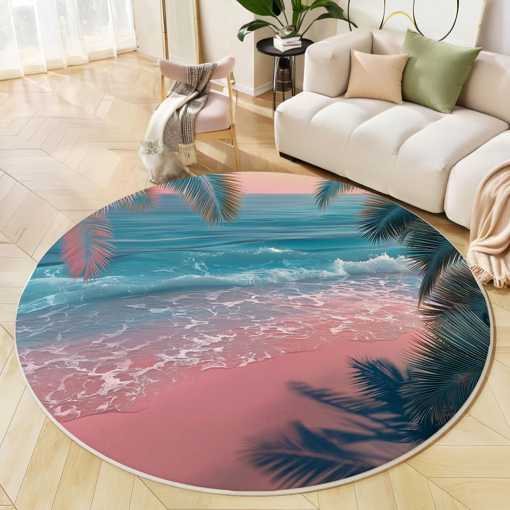 Tapis salon rond bleu poudre 80 cm motif palmiers
