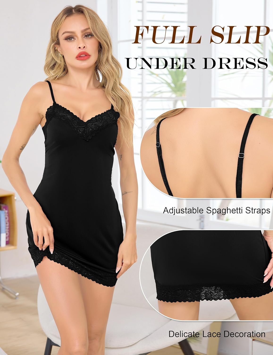 Women's Full Slips Lace V-neck Under Dress Adjustable Strap Camisole Slip Nightgown S-3XL - Image 3