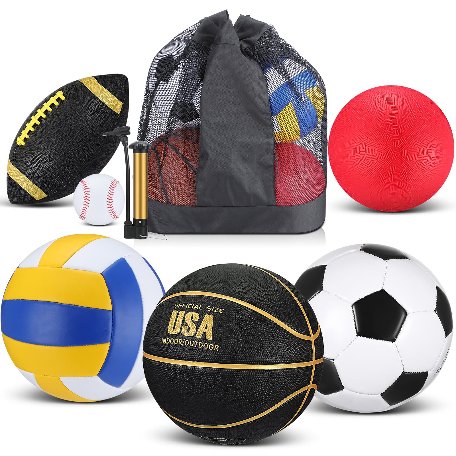 6 Pcs Multi Sport Ball Set Official Size Football, Basketball, Soccer, Volleyball, Playground Ball, Baseball with Sports Equipment Bag Pump for Kid Teen Adult
