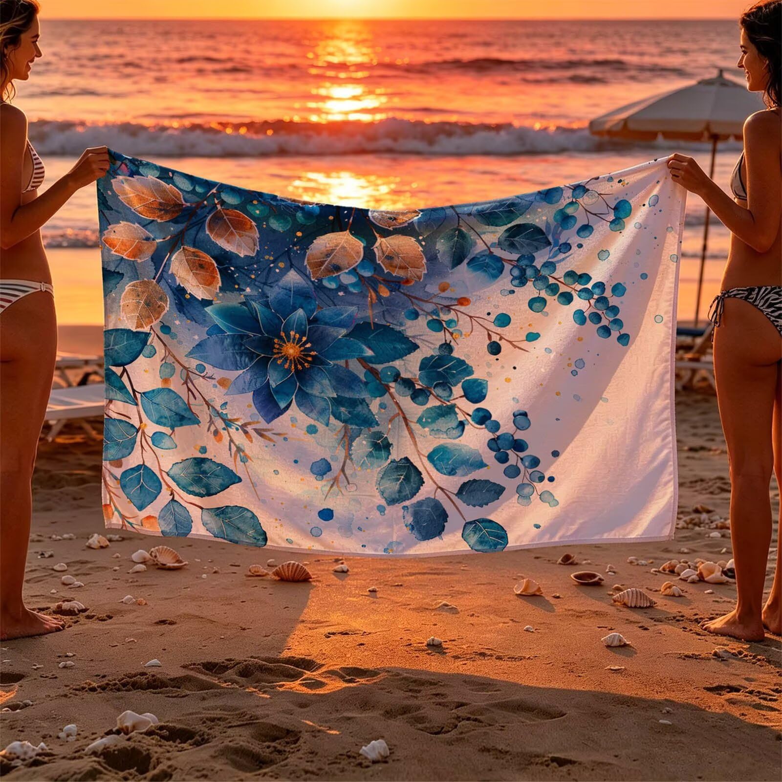 Azul Toalla Playa 160x220 Resistente a la Arena Secado rápido Ligero, Toalla Playa Grande 220 x 160cm Suave Cómodo como Gym Yoga Sauna Toallas Baño Grandes Exterior Travel Essentials Flor XTLS-3637