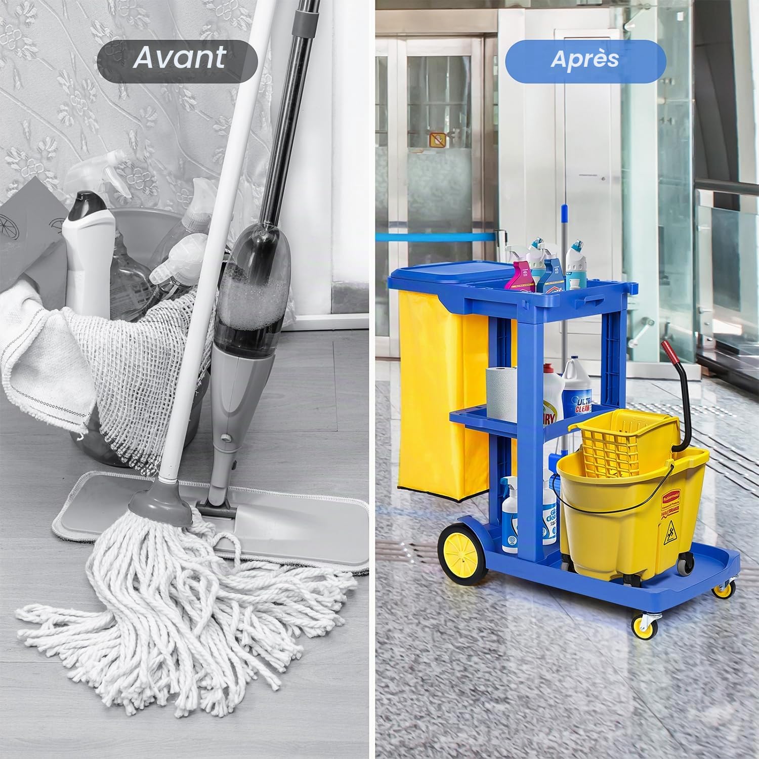 Bimiti chariot de nettoyage professionnel avec sac poubelle de 65 l - 83 x 46 x 90 cm - 3 niveaux - 4 roulettes - Pour service d'hôtel, centre