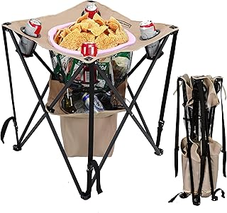 YOUNG WOOD Camping Table Folding Picnic Table with 4 Cup Holders, Cooler and Carrying Bags Collapsible Canvas Portable Tables Folding for Outdoors, Beach, Hiking and Tailgating, Khaki