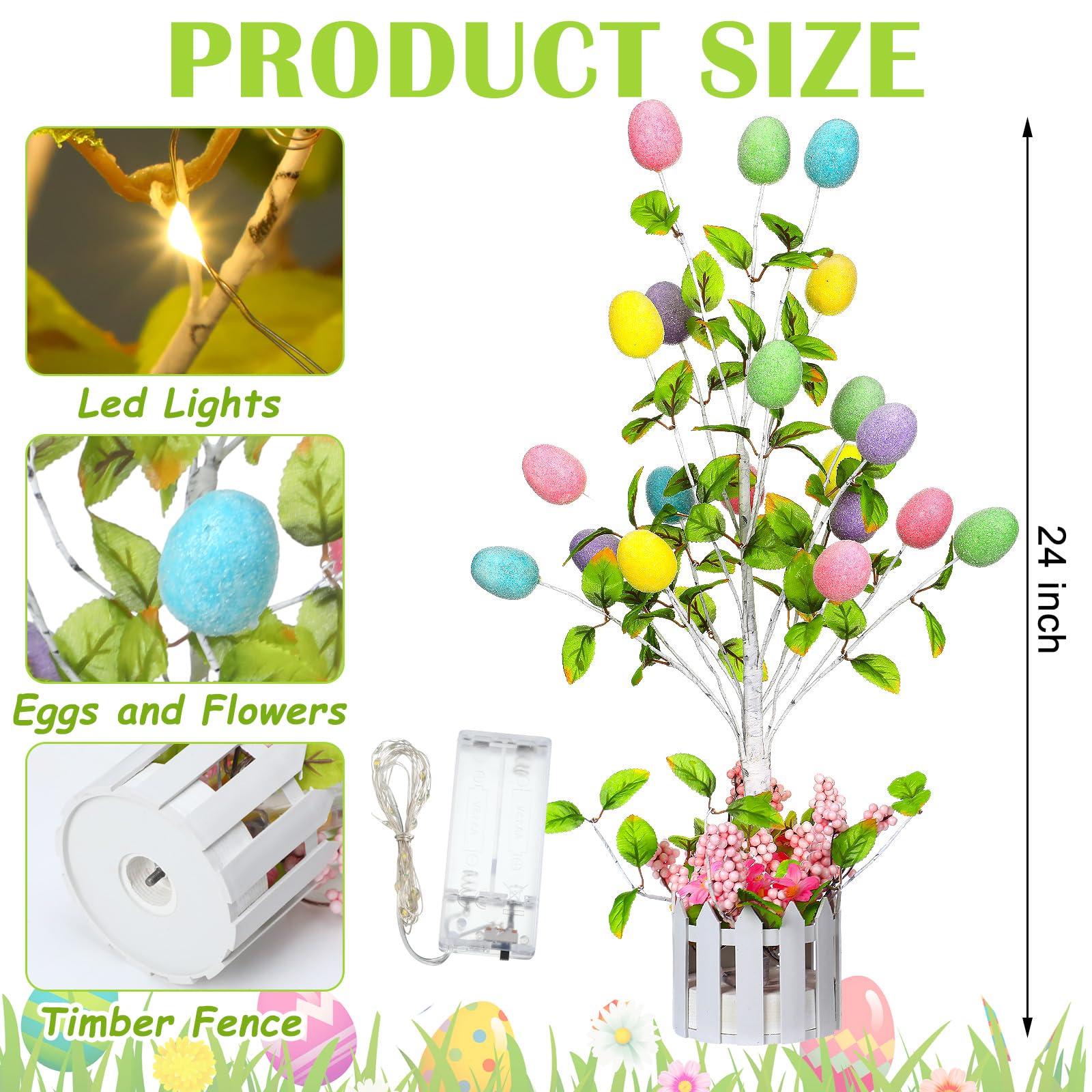 Glooglitter 24" Pre Lighted Easter Egg Tree Table Top Decoration with LED Light Indoor Glow Easter Egg Tree Table Decor for Home Party Wedding Holiday Spring Decoration Easter Party