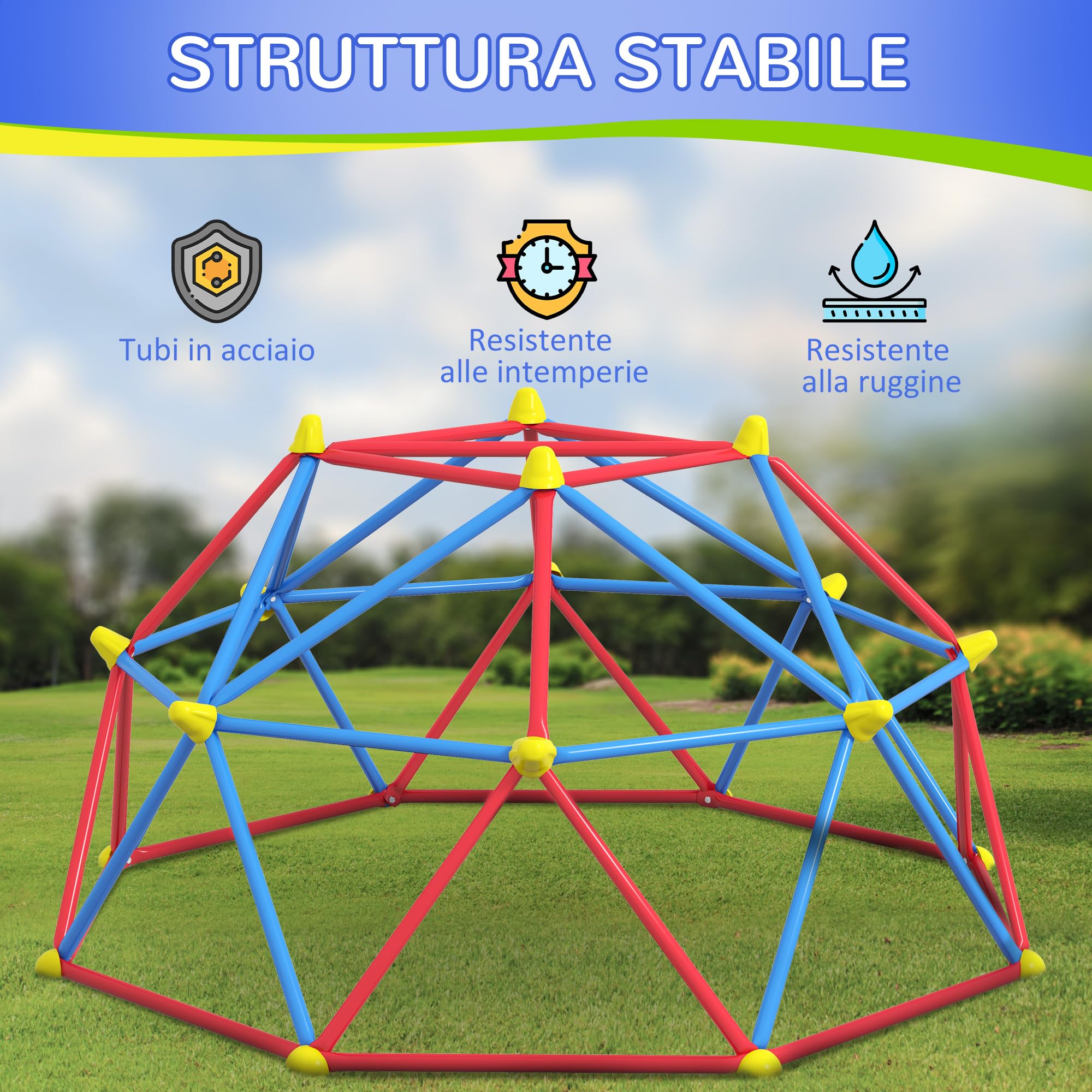 Outsunny Cupola per Arrampicata Bambini 3-8 Anni Ø183x90cm Multicolore | Struttura per Arrampicata, per 4 Bambini, in Metallo Anti UV