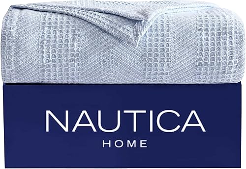 Miniatura 1 de Nautica - Manta Queen, ropa de cama de algodón suave, peso medio para todas las estaciones (azul claro Chevron, Queen)