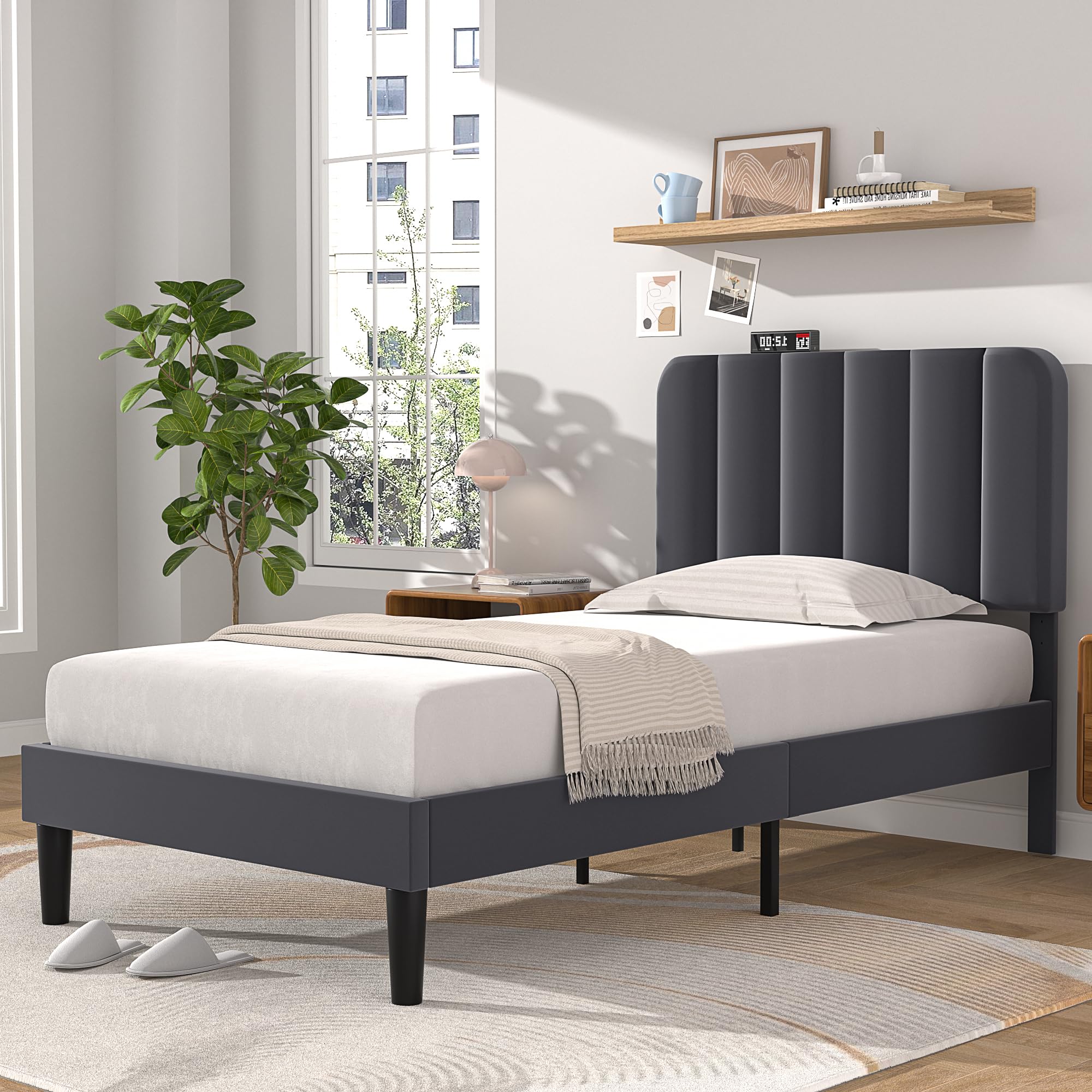 VECELO Twin Size Upholstered Bed Frame with Adjustable Headboard, Velvet Platform Bedframe Mattress Foundation, Strong Wood Slat Support, No Box Spring Needed,Dark Grey