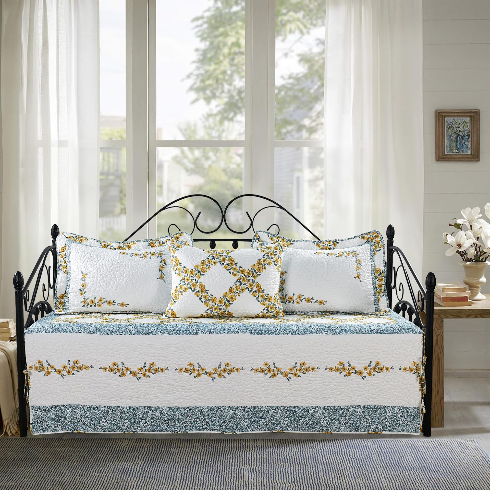 4-Piece Quilted Microfiber Daybed Cover Set with Floral Embroidery, All Season Luxurious Bedding with Matching Shams, 75"x39", Yellow Floral