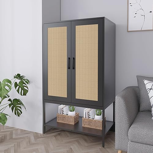 Miniatura 5 de Gyger Armario con 2 puertas, armario de ratán para dormitorio con barra para colgar, armario independiente de madera con estantes, color negro
