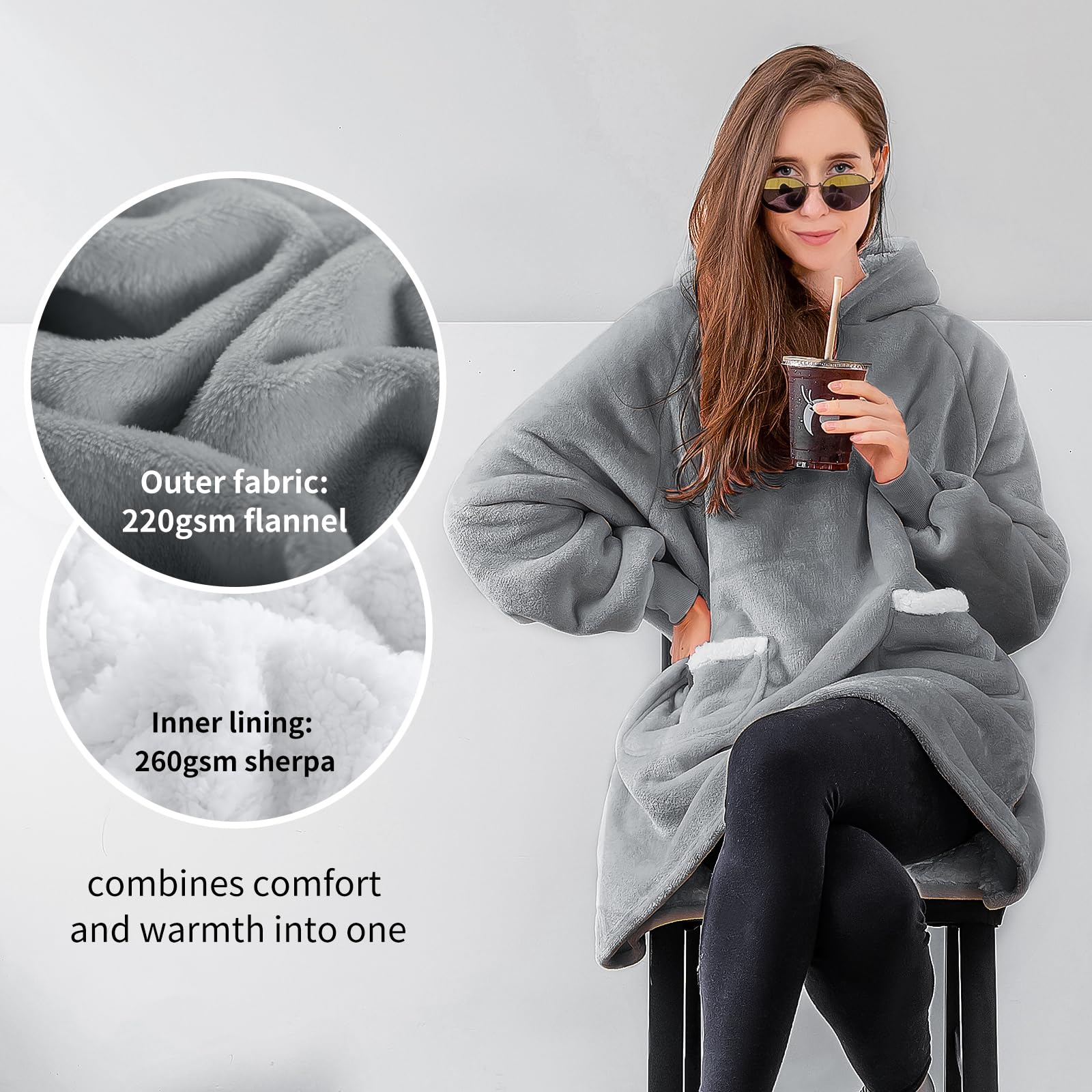 Aisbo Plaid Felpa Coperta con Maniche - Pigiama Coperta Indossabile Donna e Uomo Oversize con Manica e Cappuccio Plaid da Divano con Braccia Pile di Sherpa, Hoodie Blanket (Grigio,90x76cm)