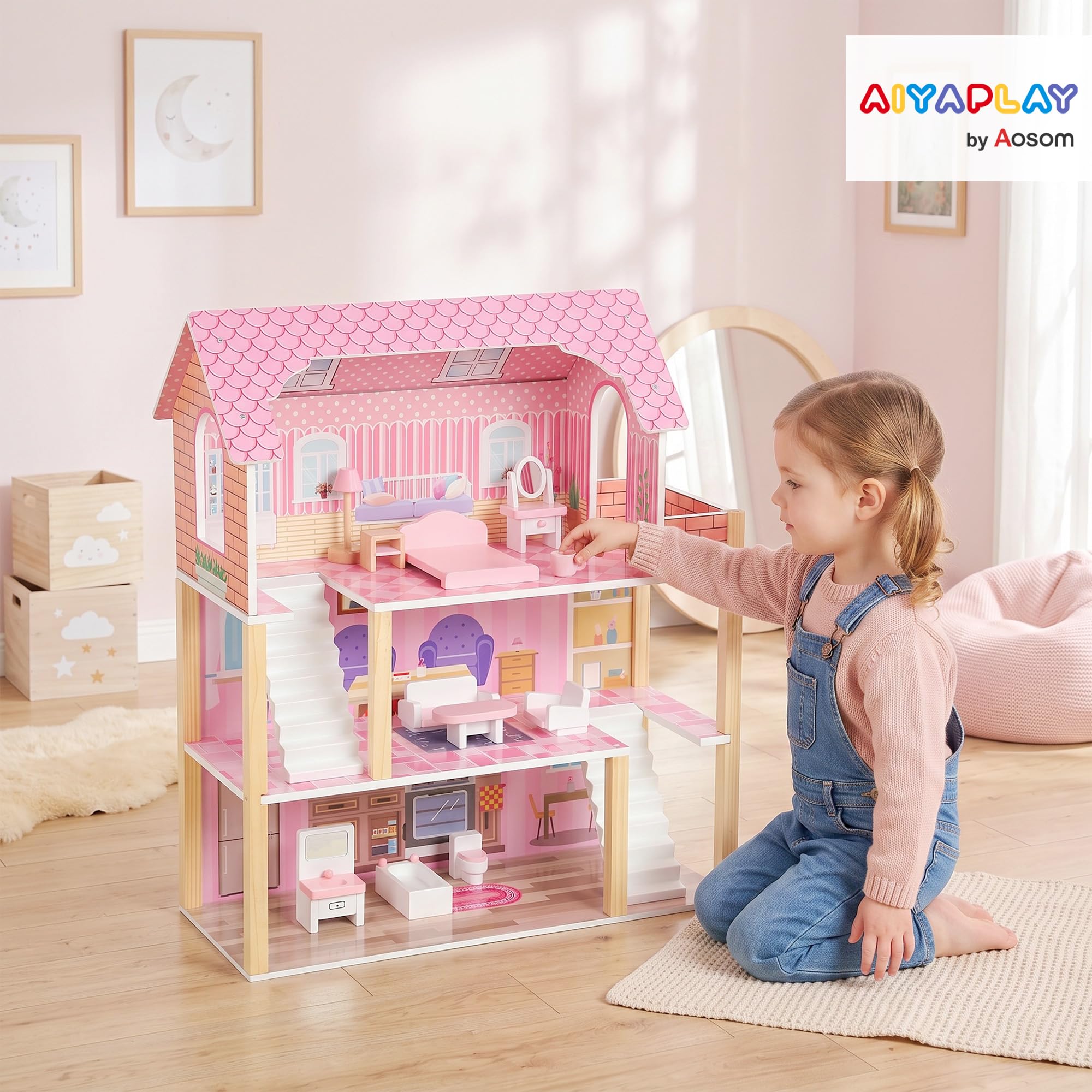 AIYAPLAY Casa delle Bambole in Legno per Bambini, 3 Piani, 10 Mobili, Rosa