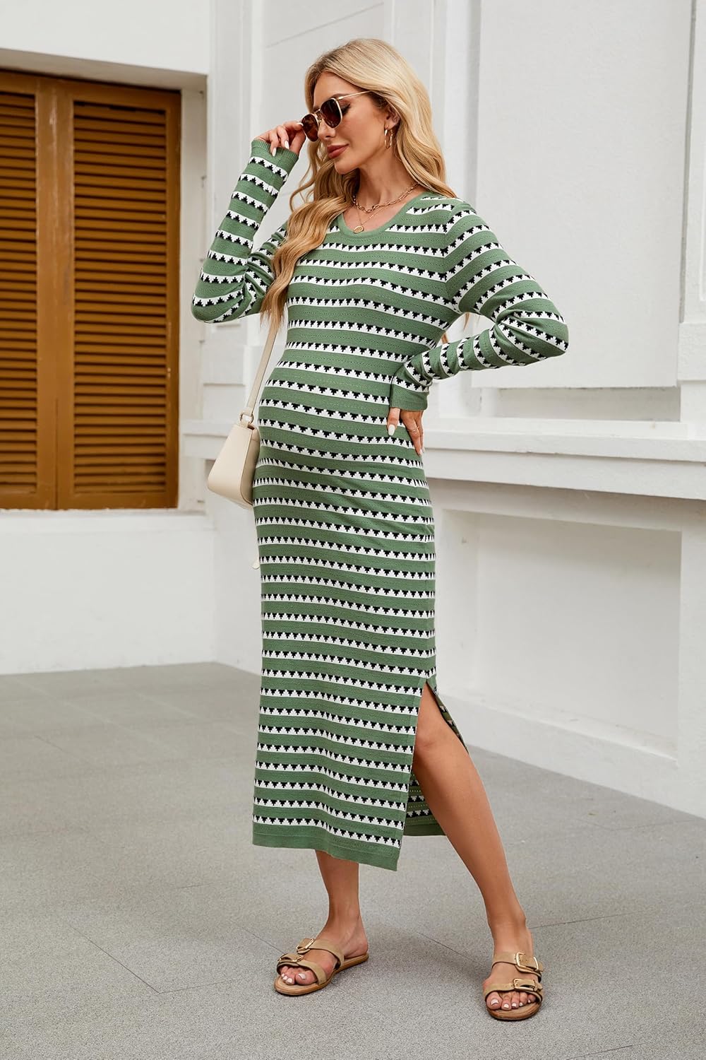 OUGES Womens 2025 Fall Maternity Dress Long Sleeve Crewneck Side Slit Midi Dress Bodycon Knit Sweater Dress