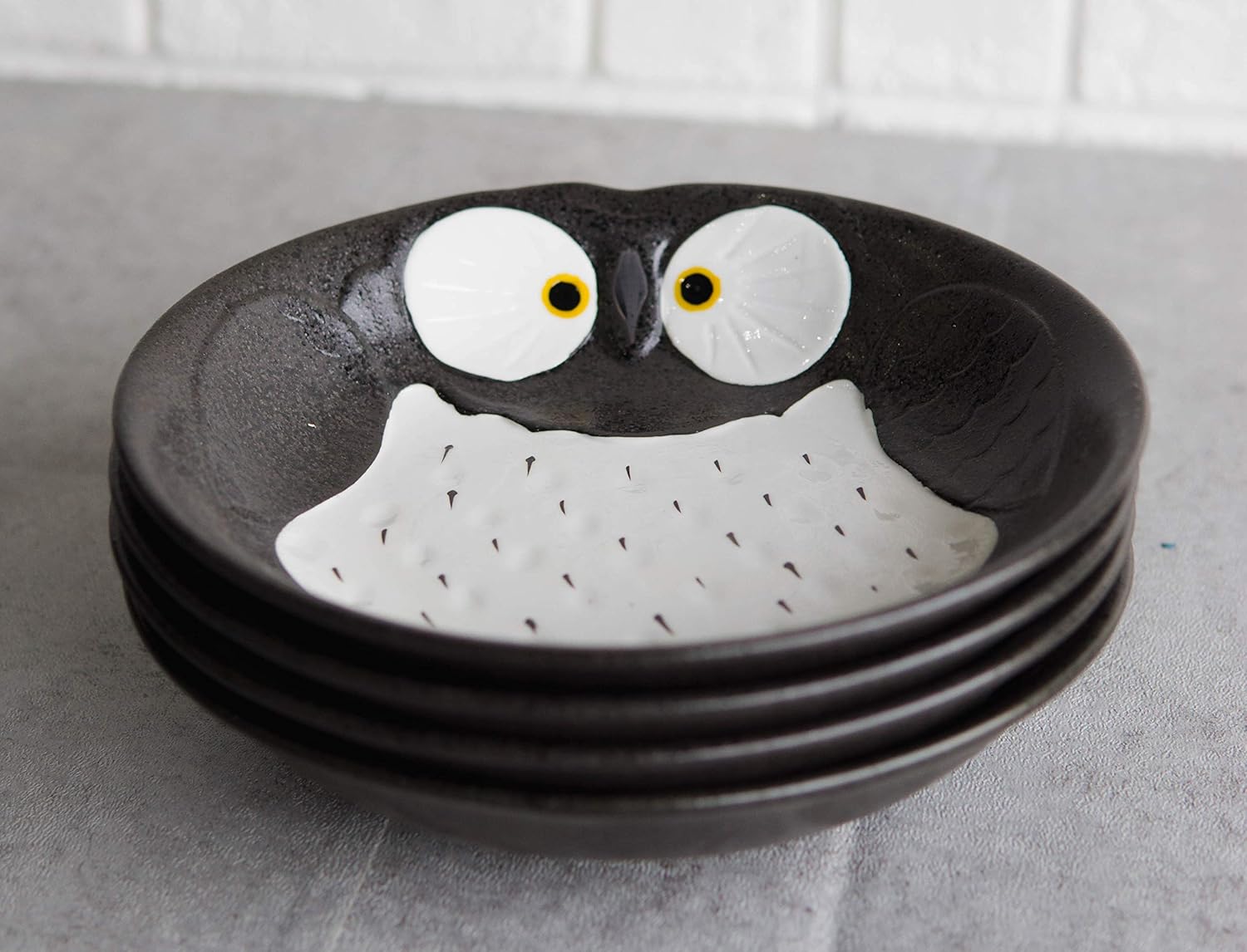 Ebros Pack Of 4 Kitchen Dining Whimsical Owl Porcelain Earthenware Lunch Entree Dessert Salad Round Deep Plates Or Shallow Bowls Dishwasher And Microwave Safe (Black)