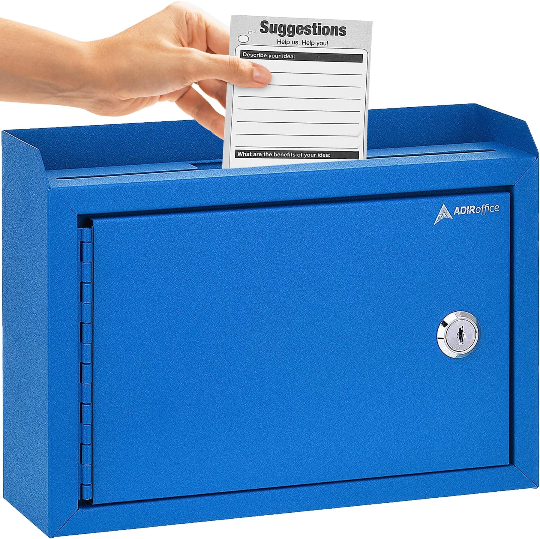 AdirCorp. Multi Purpose, Wall Mountable, Deluxe Steel, Medium Size, Suggestion Box - Donation Box - Drop Box - Mailbox - Cash Box (9.75" X 7" X 3") - Blue
