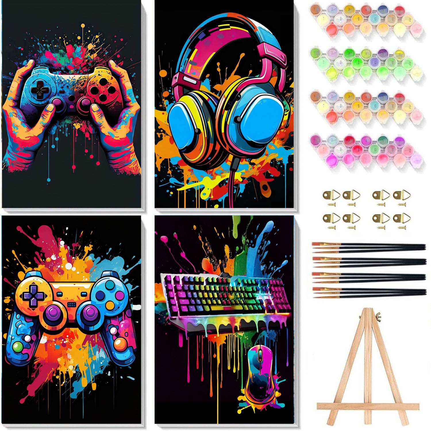 YarnWhimsy 4 Pack Paint by Numbers for Children with Wooden Frame, Video Game Painting by Numbers for Kids 6-12, DIY Controller Kids Paint by Number for Gamers Teen Boys Room Decor 20x30cm