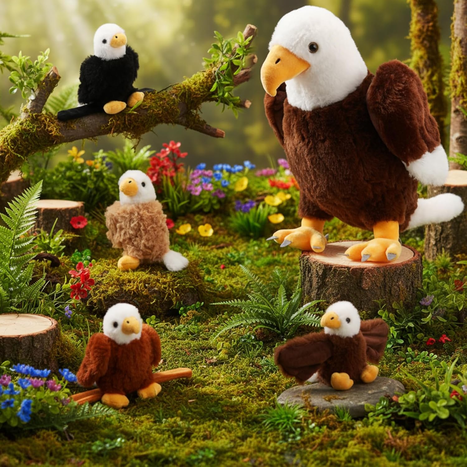 Lenwen 5 Pcs Eagle Stuffed Animal Bulk 1 Plush Mommy with 4 Cute Babies Mixed Plush Wild Bald Eagles Stuffed Animal Toy for Boys Girls Birders Zoo Gifts