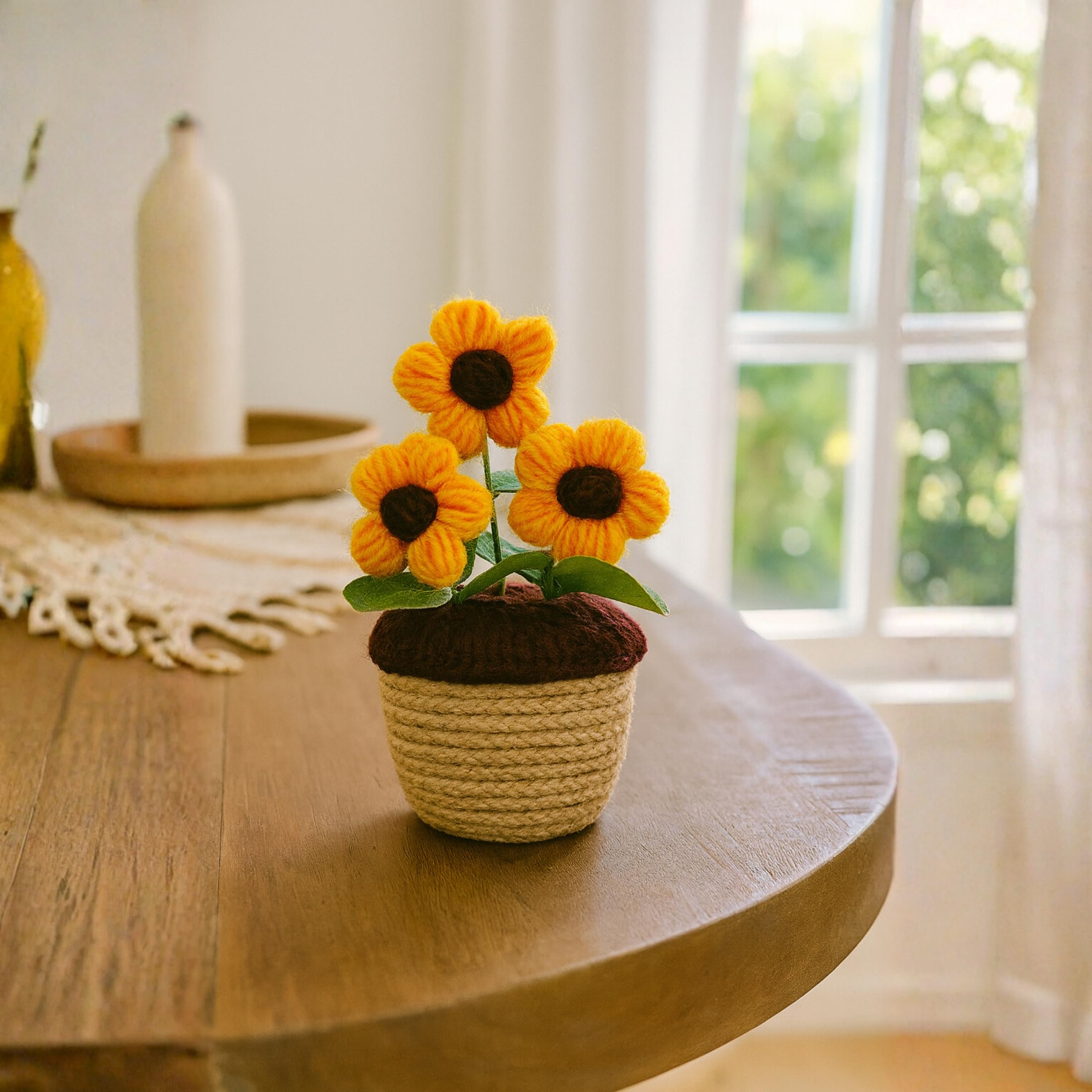 Akaar Decor's Handcrafted Yellow Crochet Flower with Pot | Artificial Flowers for Home | Birthday | Anniversary | Housewarming Gifts | 100% Handmade Yarn Flower Décor