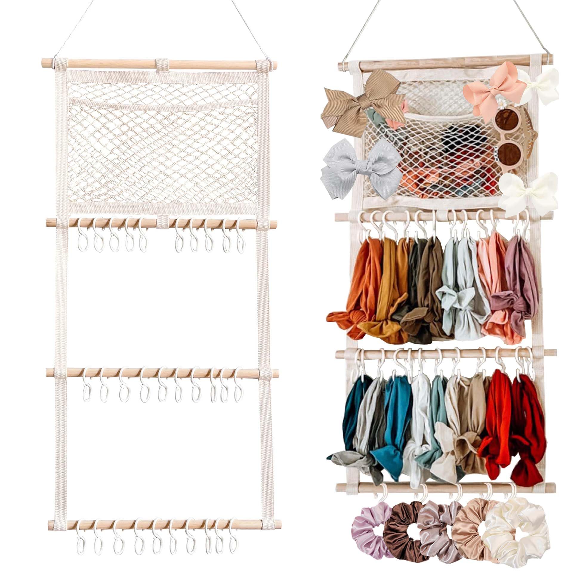 Eforwest Headband Holder Hair Bows Organizer for Baby Girls Large Capacity Bow Holder Hair Accessories Wall Hanging Organizer for Toddler Baby Girl Nursery Room Decor (Beige)