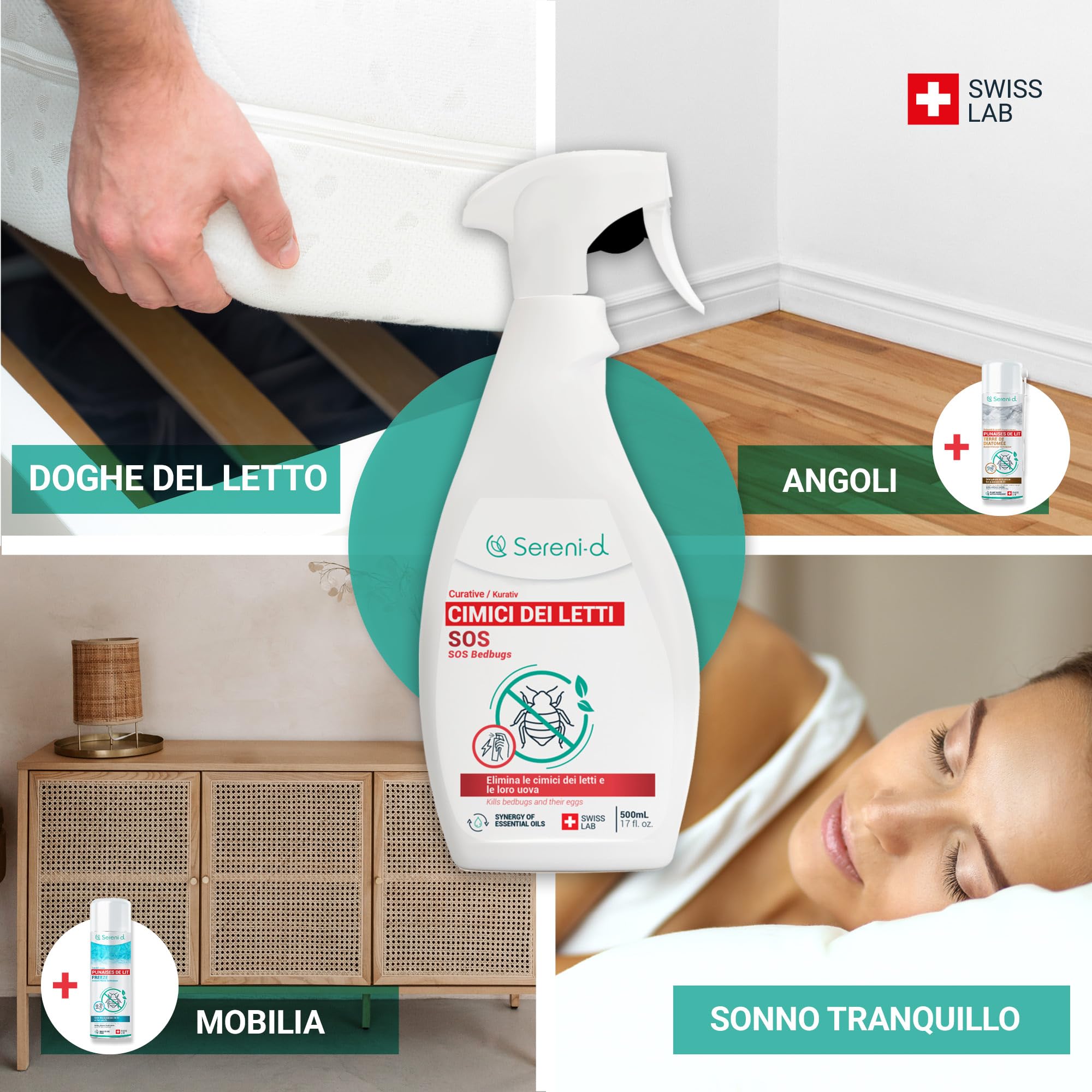 SOS ANTI CIMICI DA LETTO XXL - Spray Insetticida CHOC Trattamento naturale con Oli Essenziali e Fiore di Piretro Vegetale - Disinfestazione facile e rapida delle cimici da letto - 500 mL - Swiss Lab